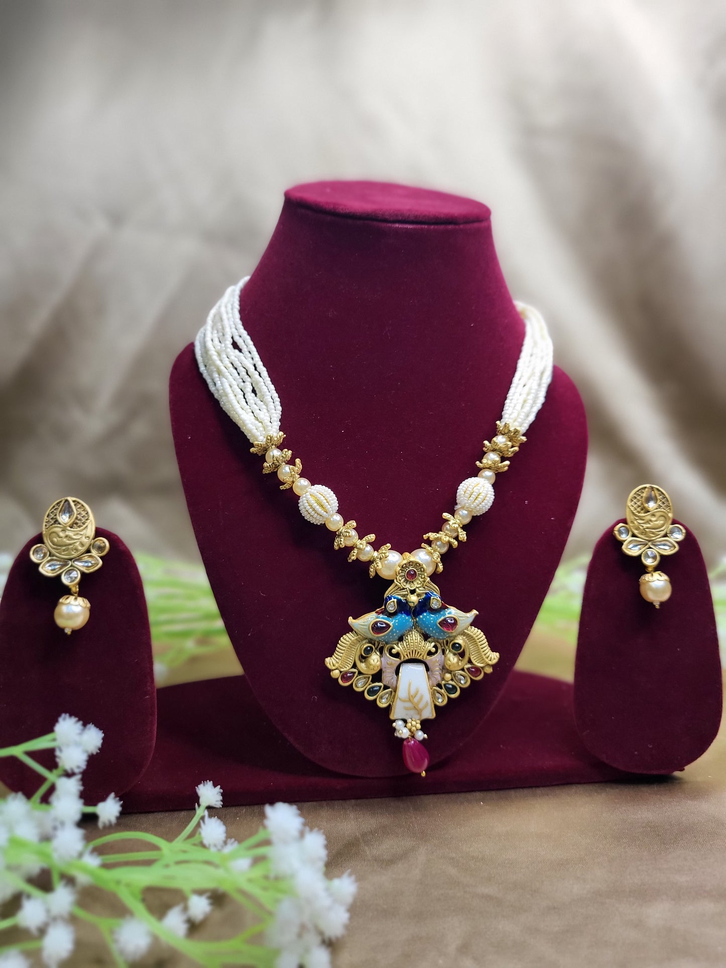 Traditional Temple Jewellery Set with Peacock Motif and Pearl Beads