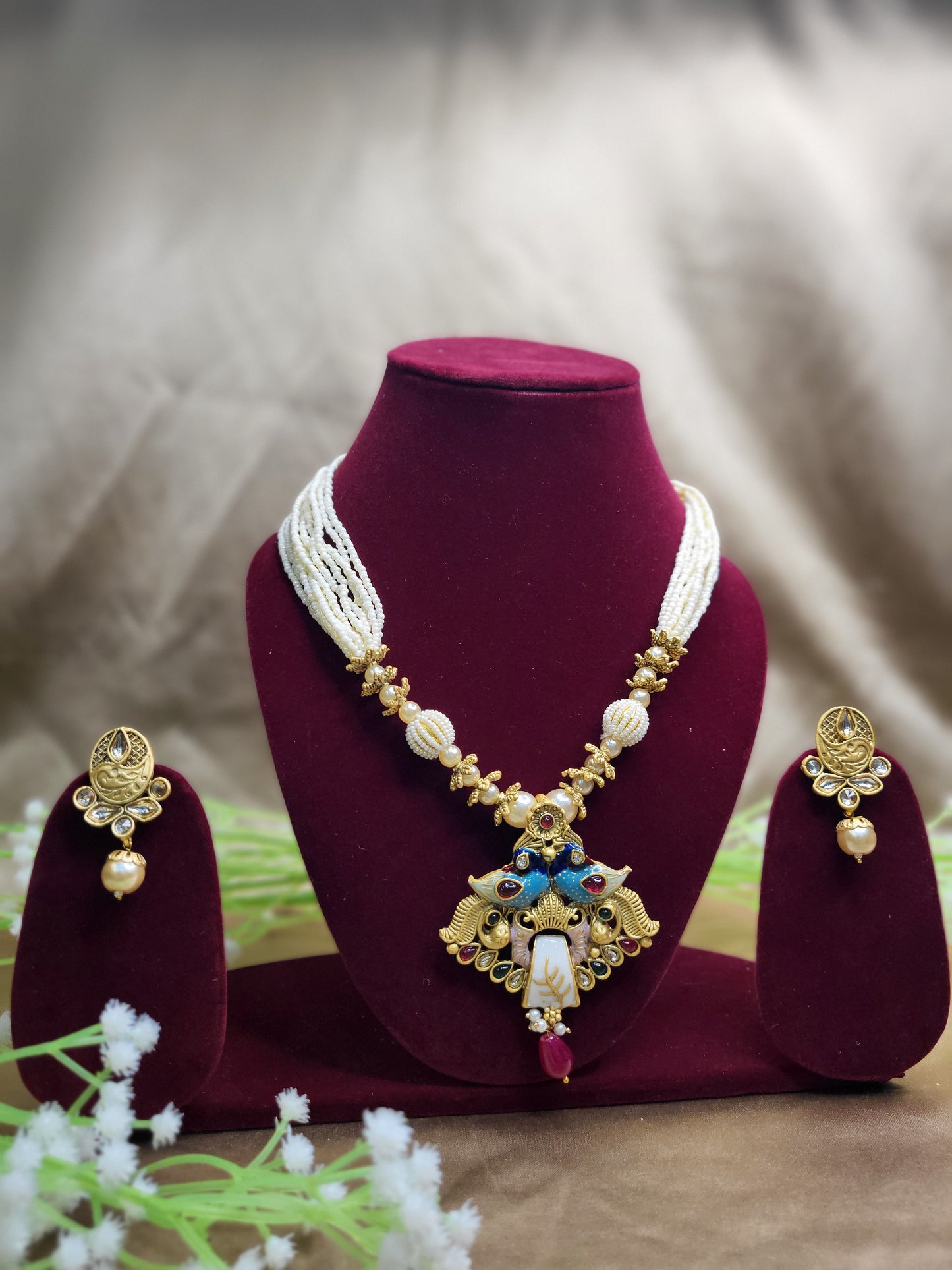 Traditional Temple Jewellery Set with Peacock Motif and Pearl Beads