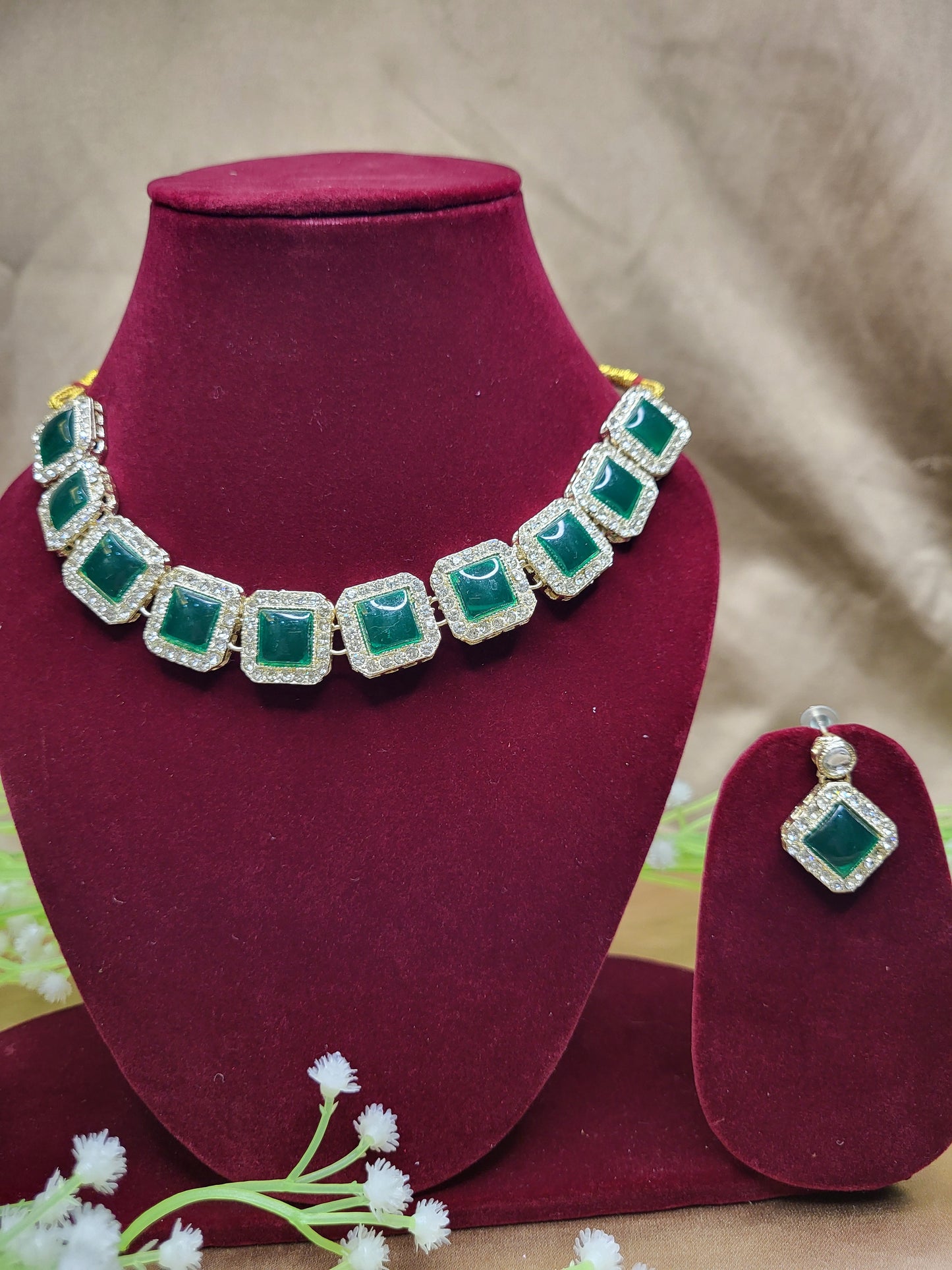 Green Square Stone Necklace Set with Earrings | Elegant Festive Jewellery