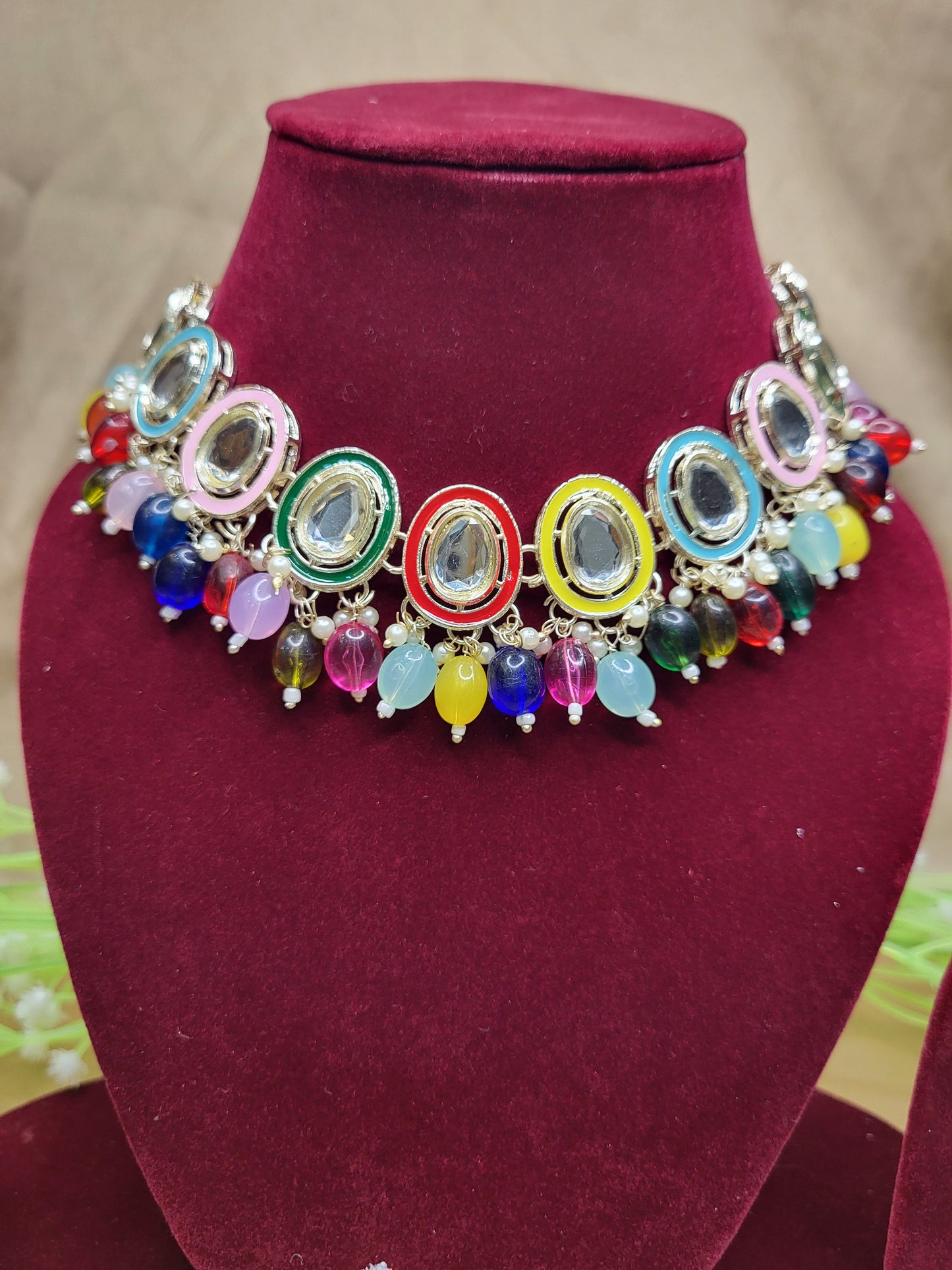 Multicolour Monalisa Drop Kundan Necklace Set with Earrings & Maang Tikka | Wedding & Party Wear