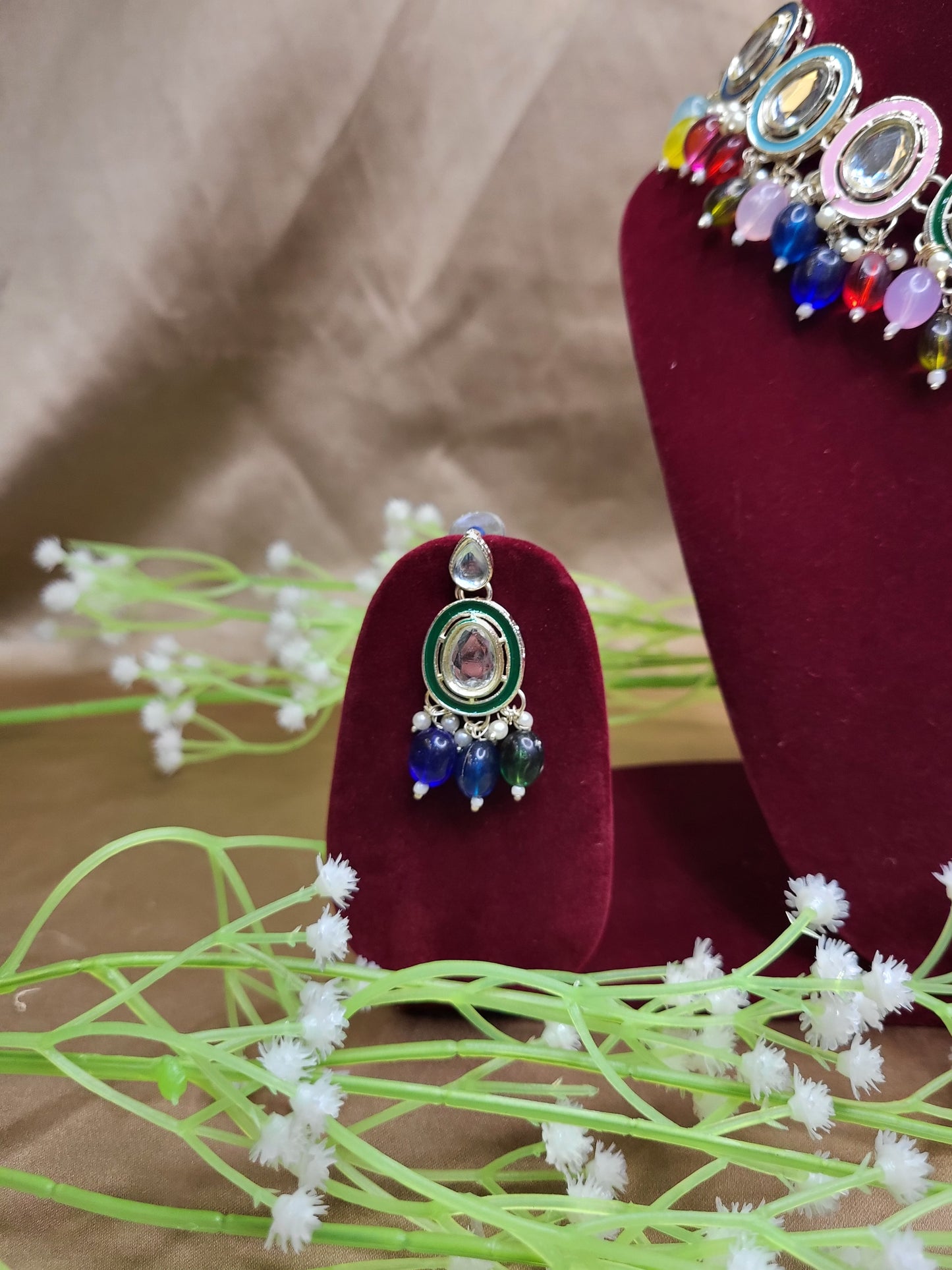 Multicolour Monalisa Drop Kundan Necklace Set with Earrings & Maang Tikka | Wedding & Party Wear