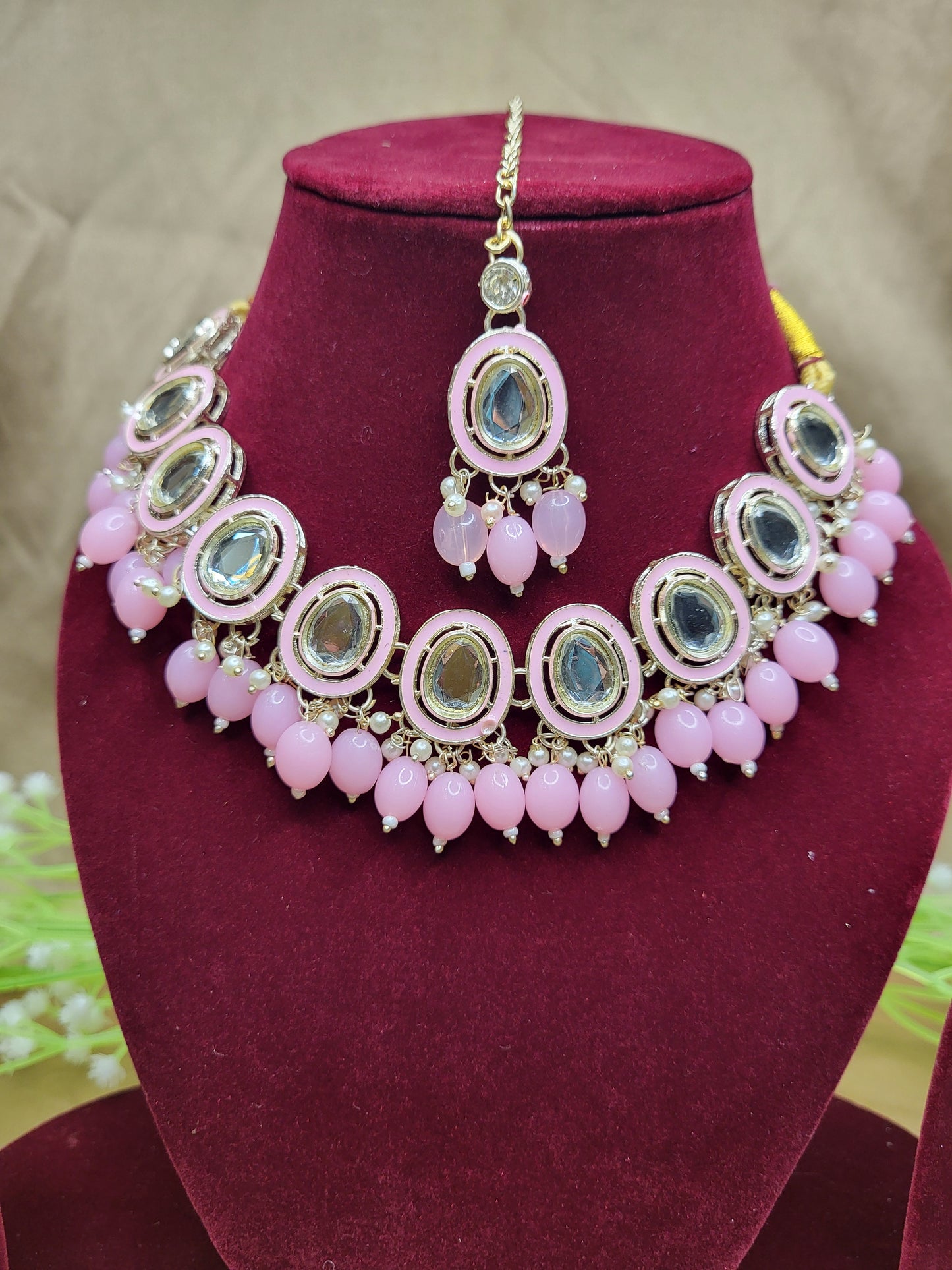 Pink Monalisa Drop Kundan Necklace Set with Earrings & Maang Tikka | Festive Jewellery
