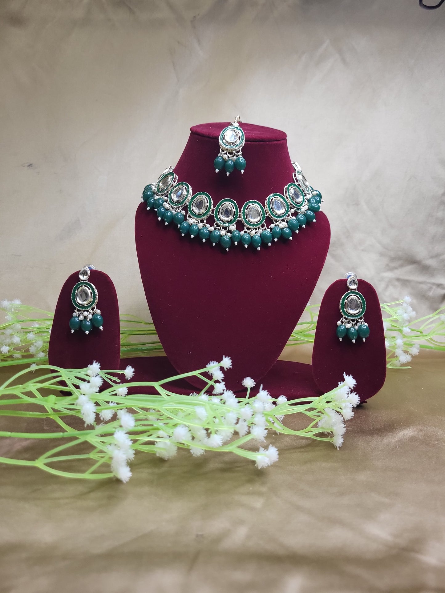Green Monalisa Drop Kundan Necklace Set with Earrings & Maang Tikka | Festive Jewellery