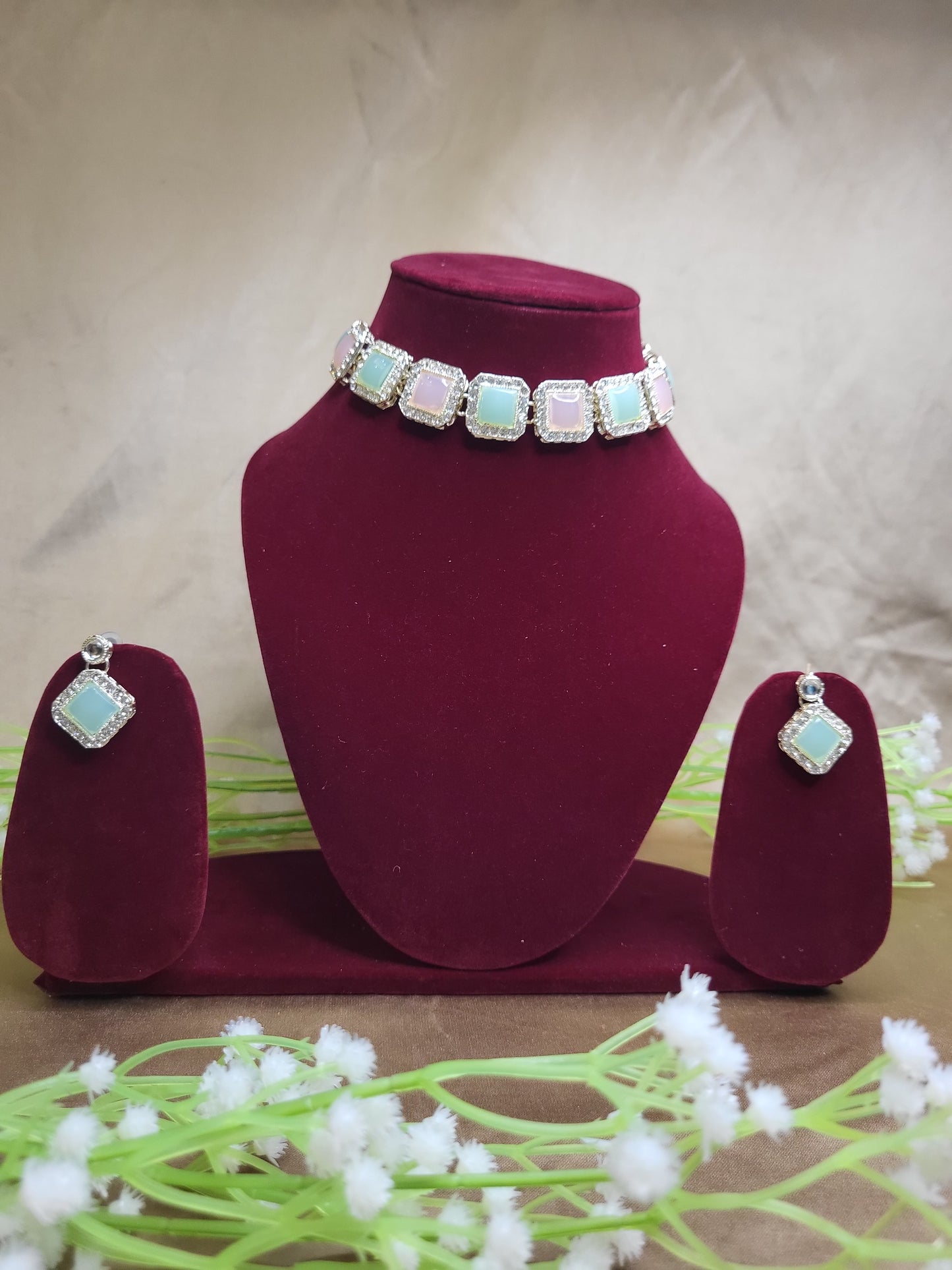 Multicolor Square Stone Necklace Set with Earrings | Festive Statement Jewellery