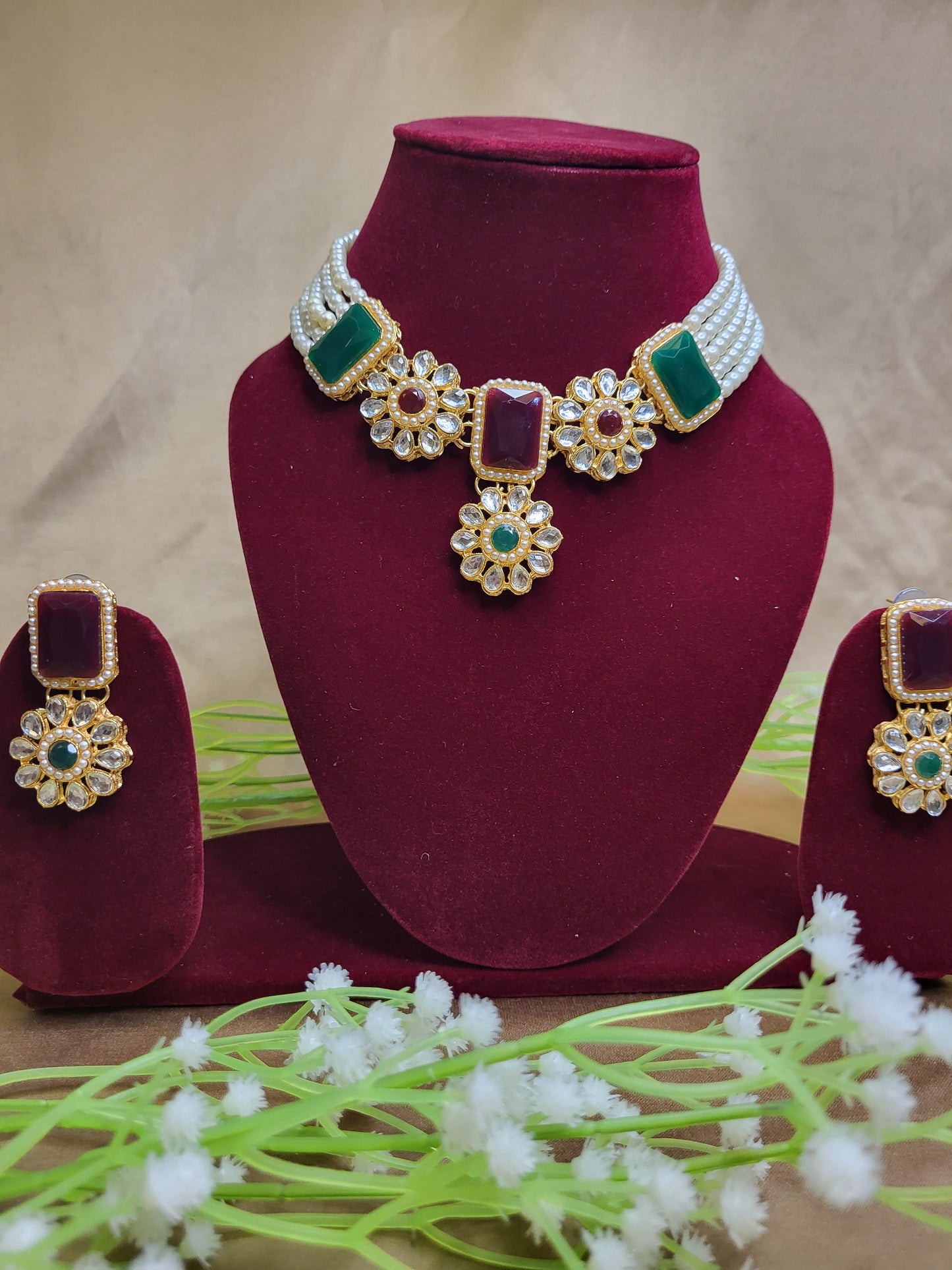 Red & Green Kundan Pearl Necklace Set with Earrings