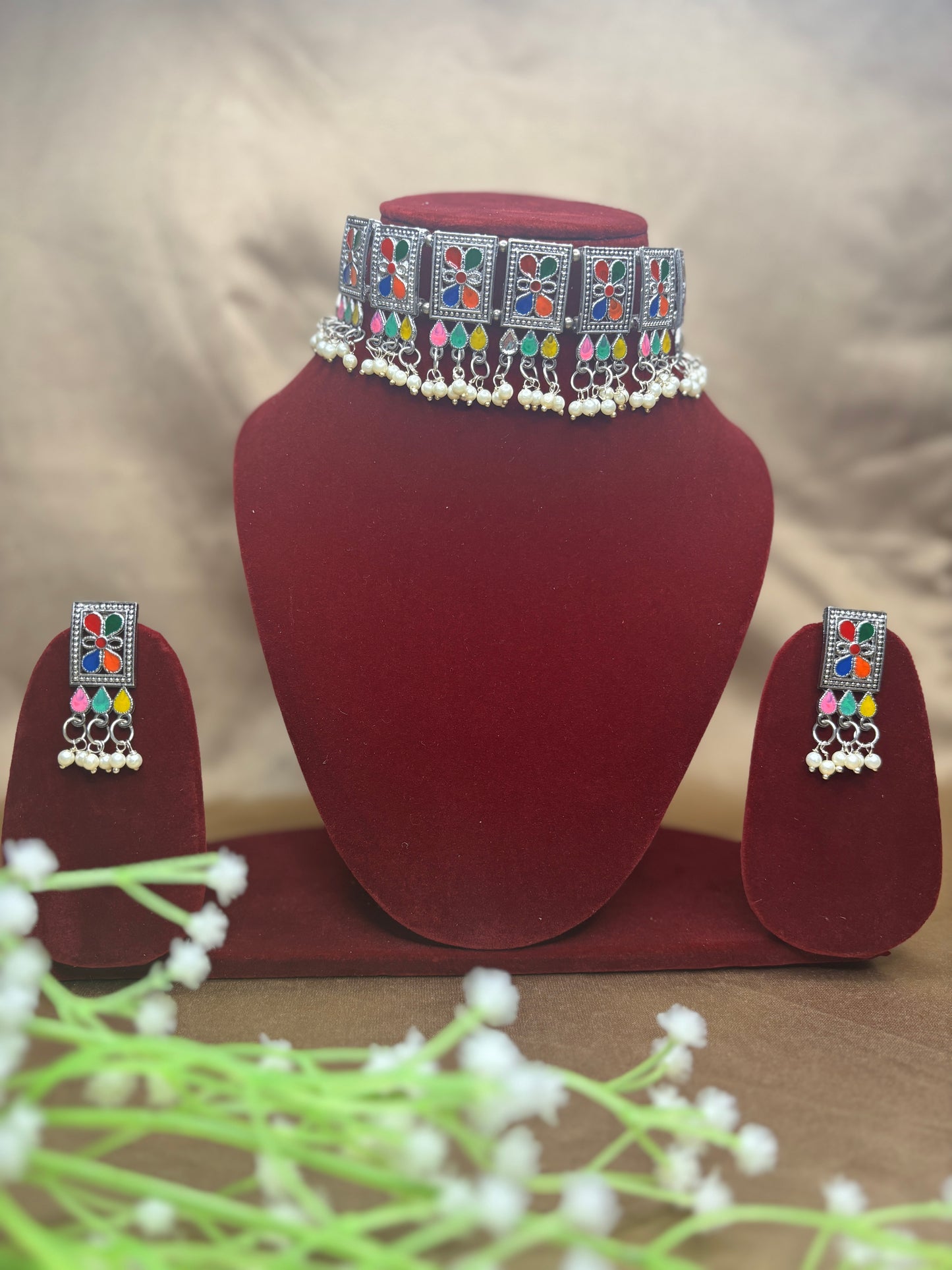 Oxidised Silver Multicolor Choker Necklace with Earrings