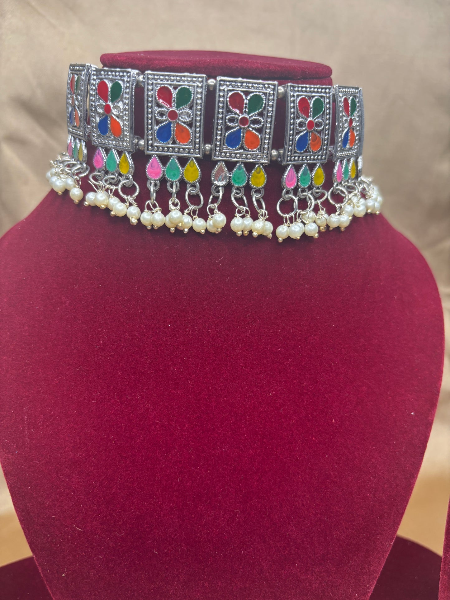 Oxidised Silver Multicolor Choker Necklace with Earrings