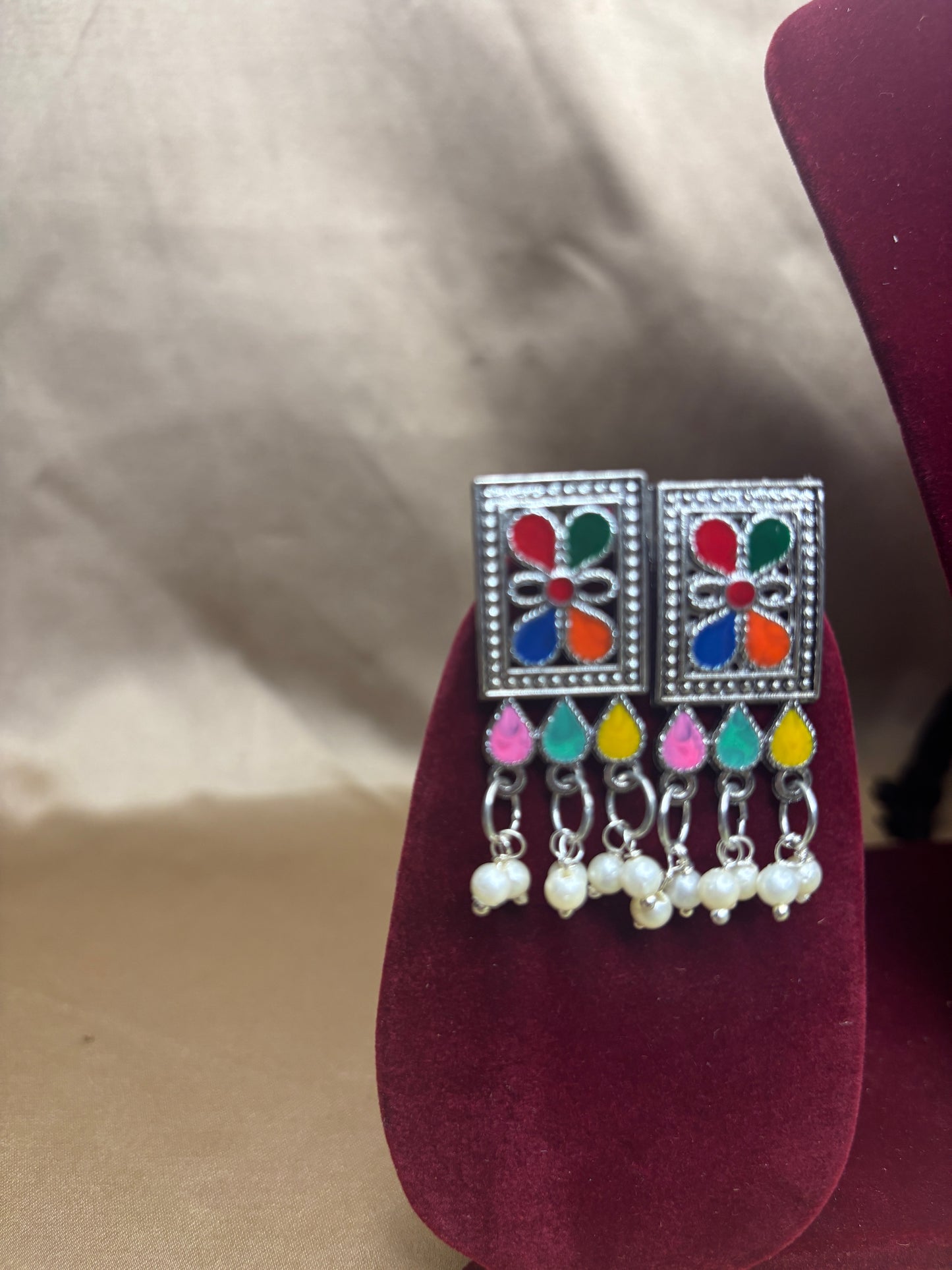 Oxidised Silver Multicolor Choker Necklace with Earrings