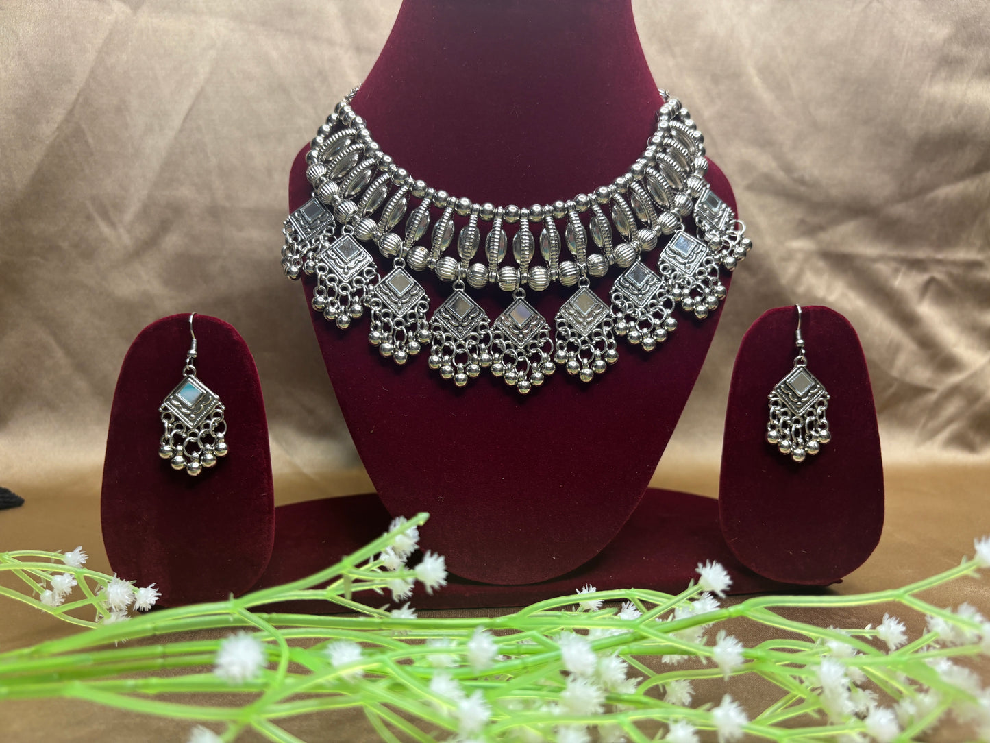 Oxidised Silver Mirror Work Necklace Set with Earrings