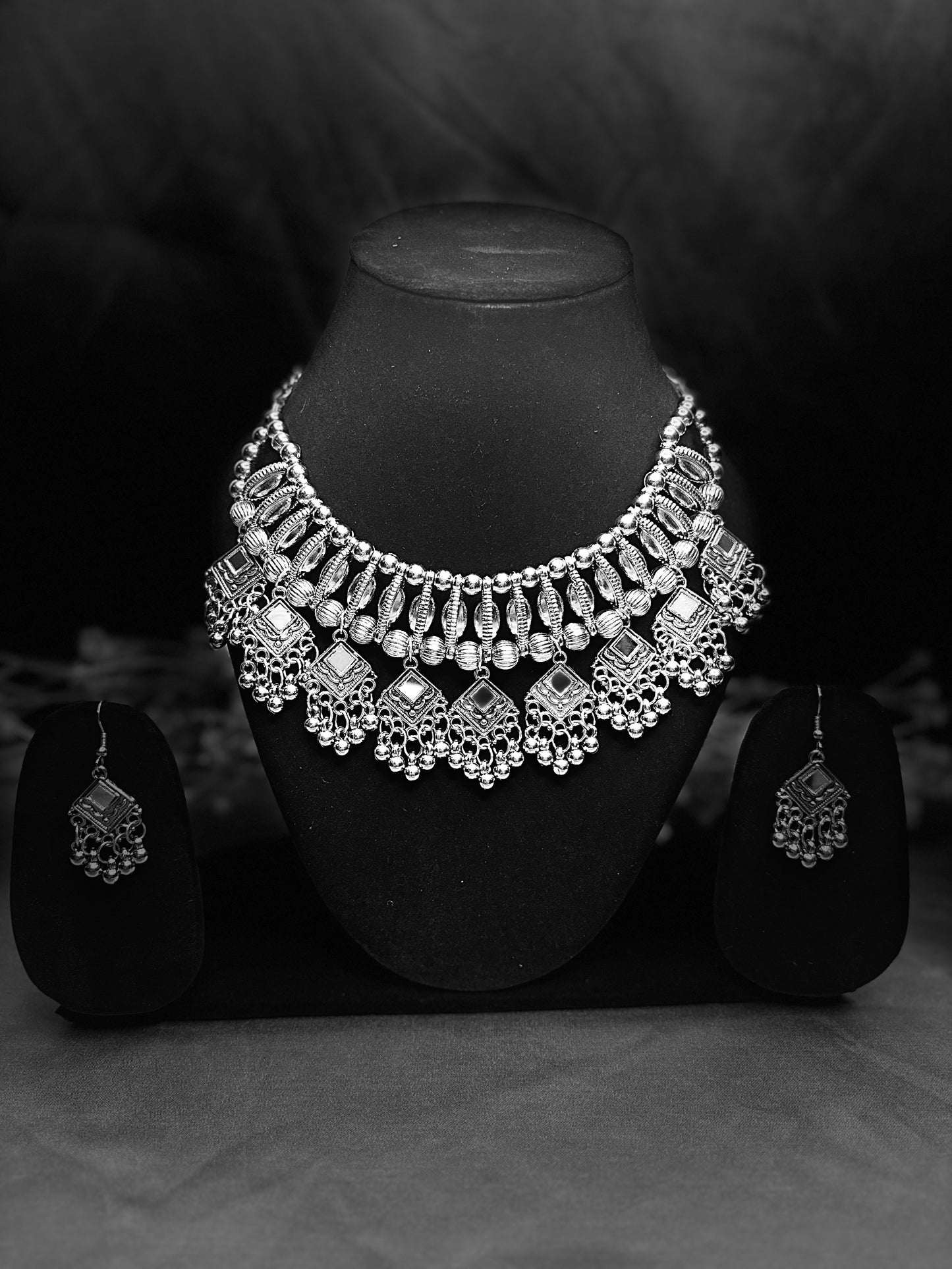 Oxidised Silver Mirror Work Necklace Set with Earrings