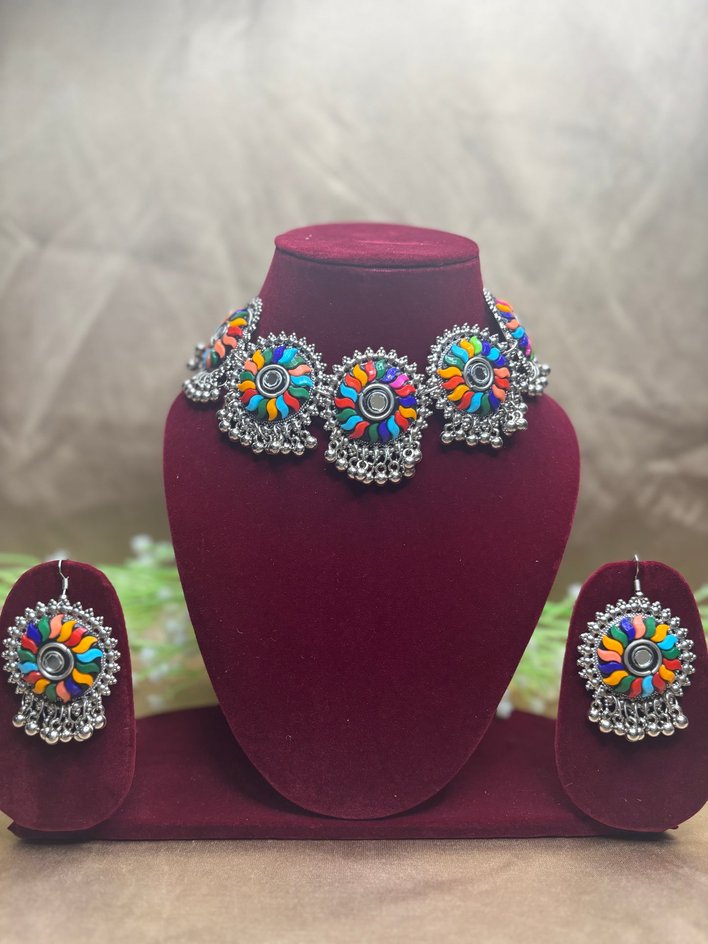 Multicolor Oxidised Necklace Set with Earrings