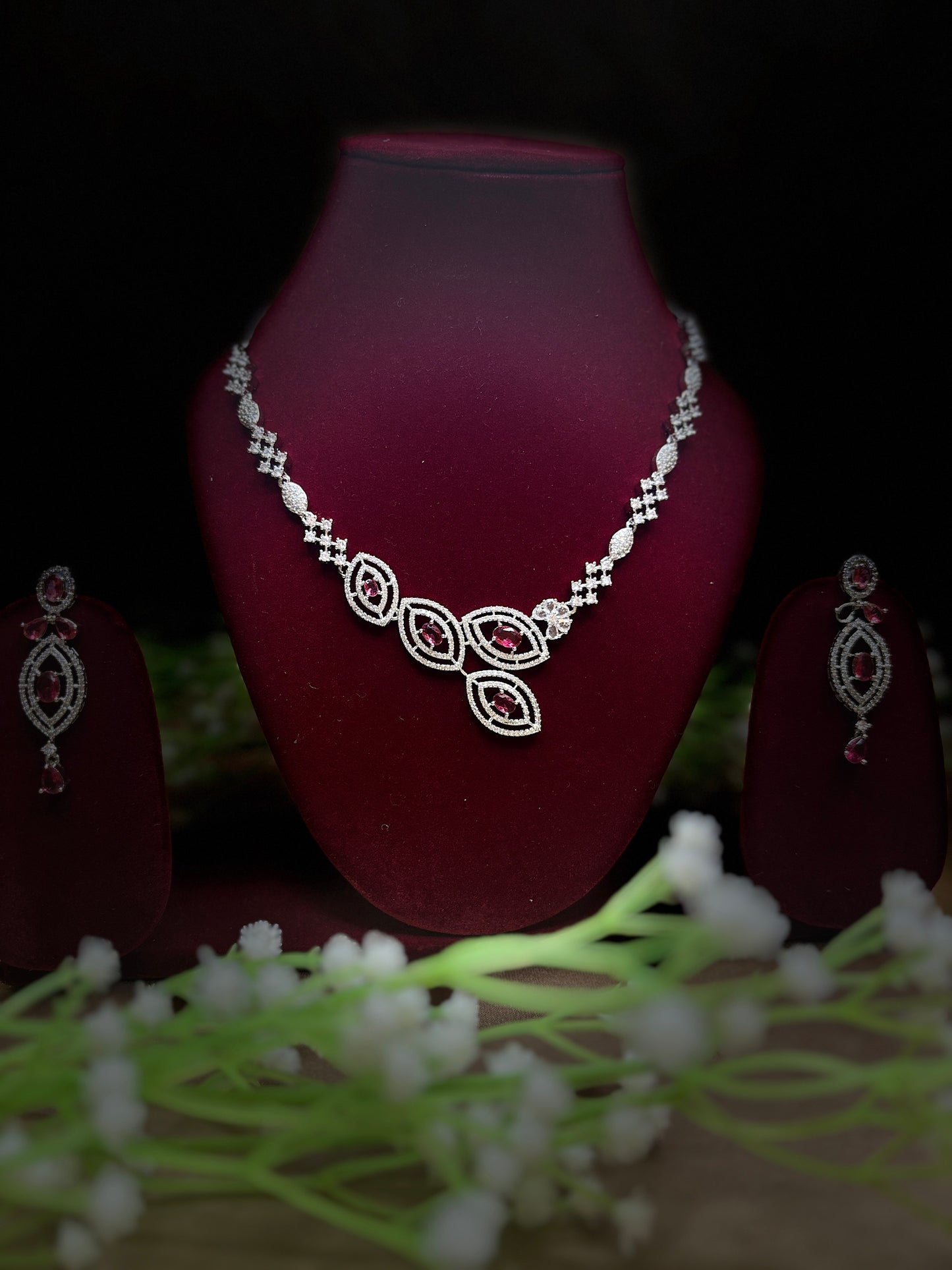 Silver Finish AD Necklace Set | Red & White Party Wear Jewellery for Women