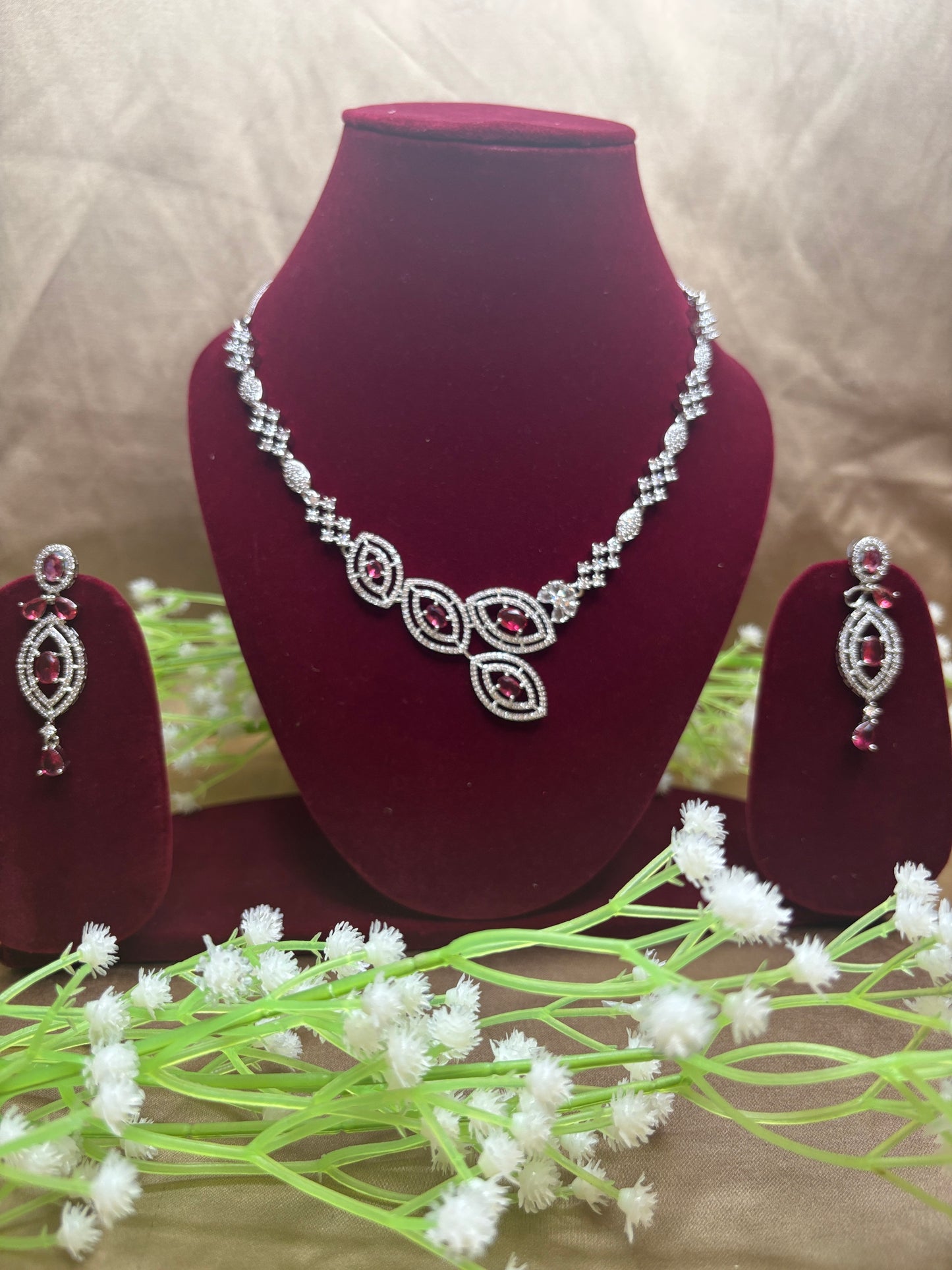 Silver Finish AD Necklace Set | Red & White Party Wear Jewellery for Women