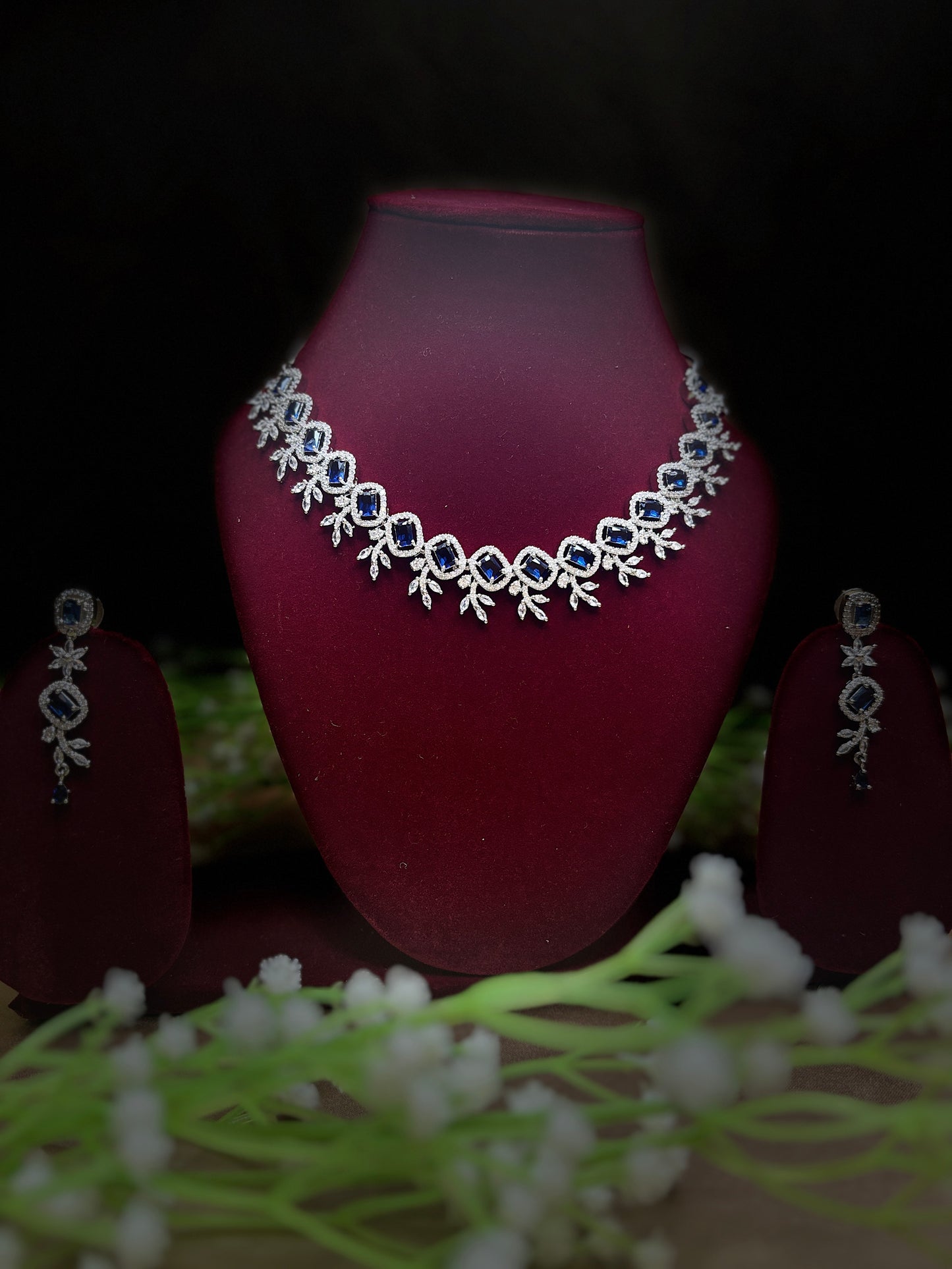 Elegant White & Blue AD Necklace Set with Earrings | Artificial Jewellery