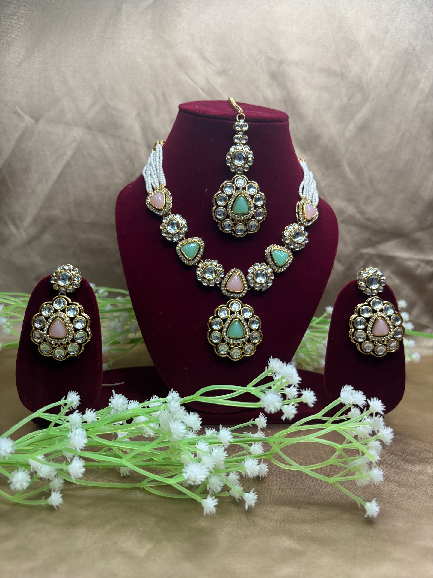Pastel Green & Pink Kundan Necklace Set | Elegant Party Wear Jewellery
