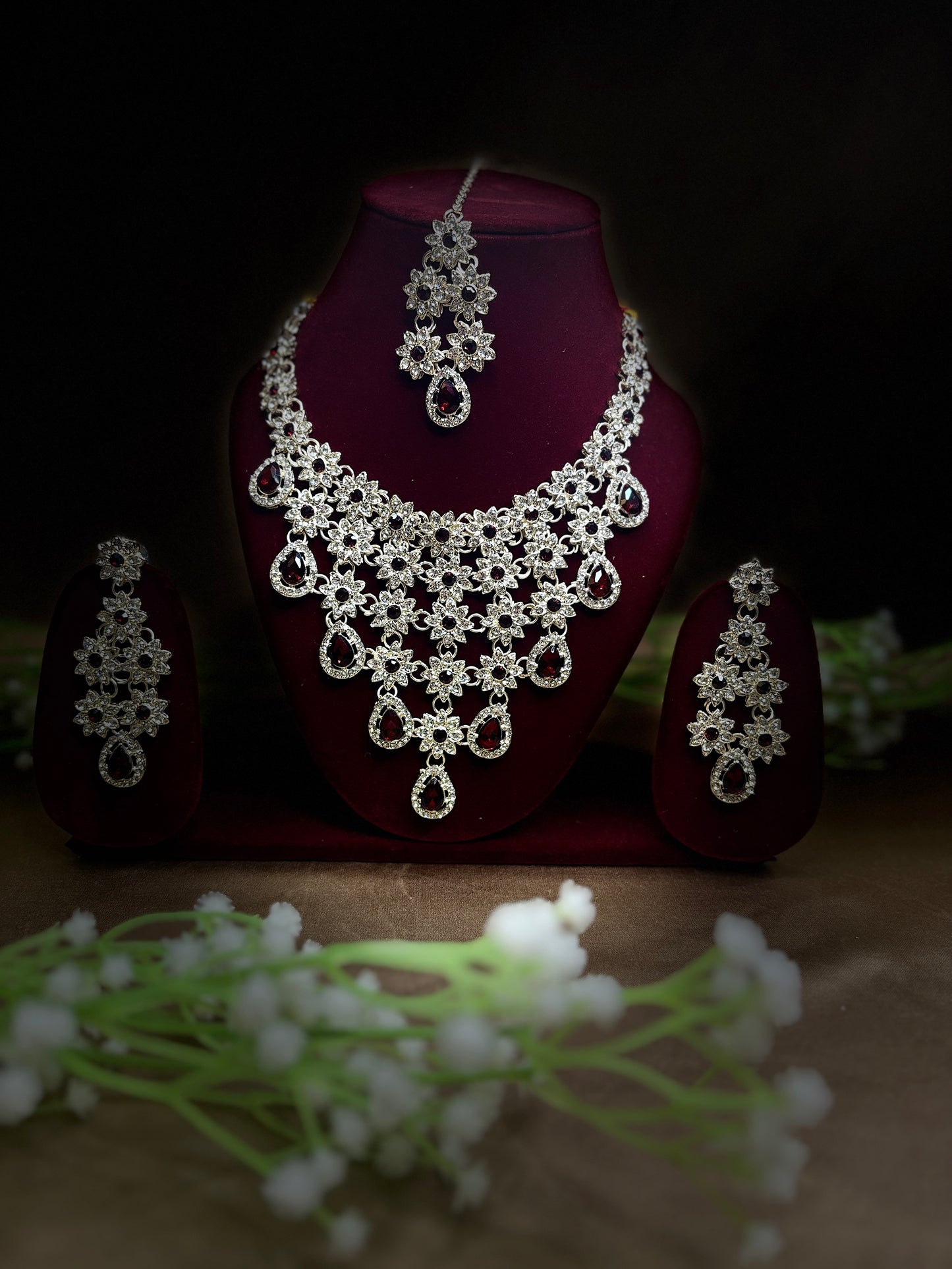 Red Stone Floral Necklace Set with Matching Earrings and Maang Tikka