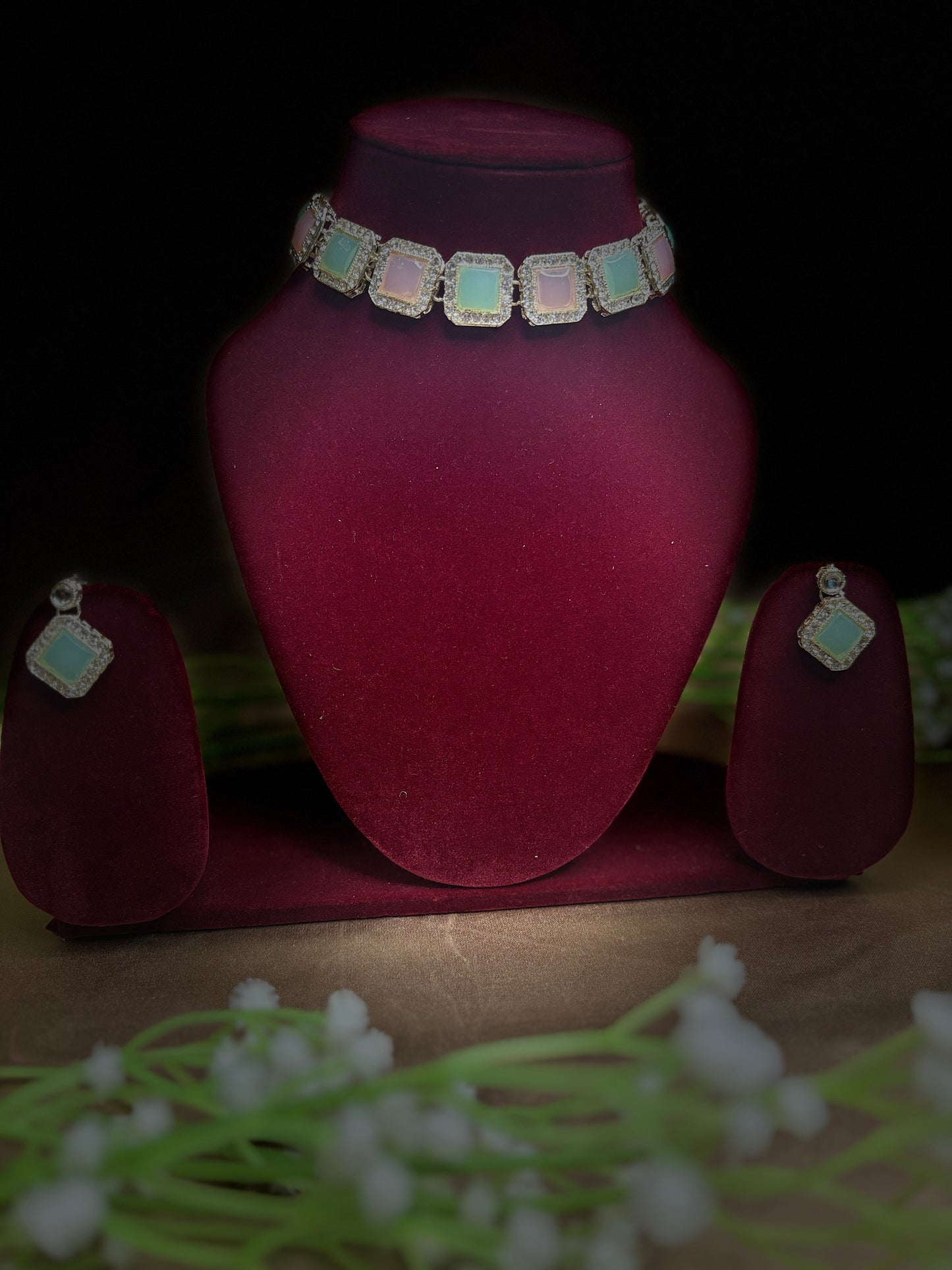 Multicolor Square Stone Necklace Set with Earrings | Festive Statement Jewellery