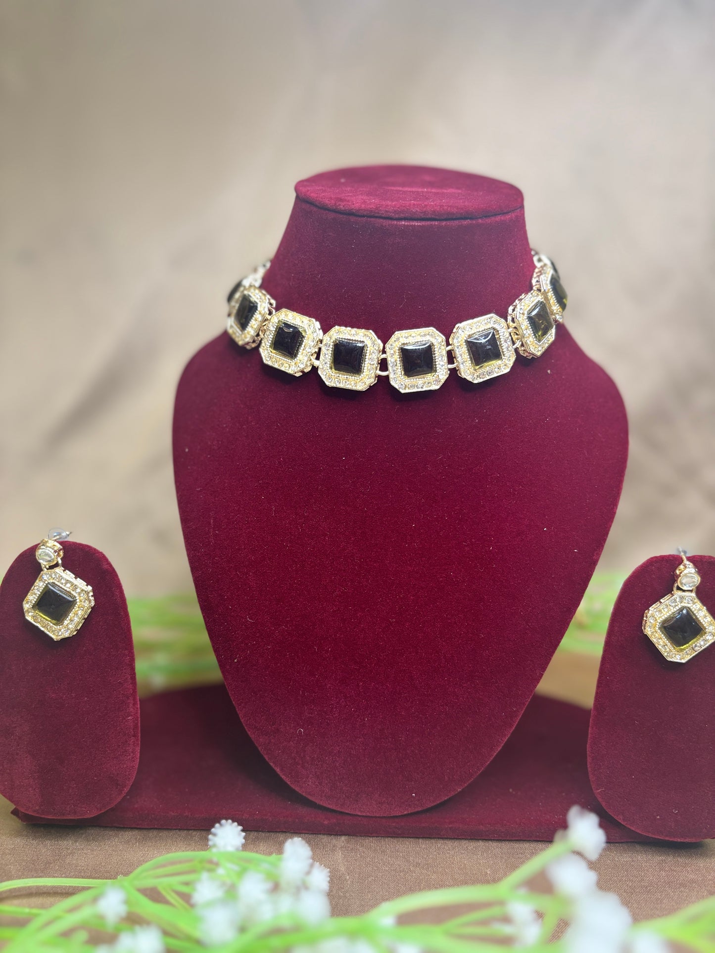 Mehndi Green Square Stone Necklace Set with Earrings | Elegant Festive Jewellery
