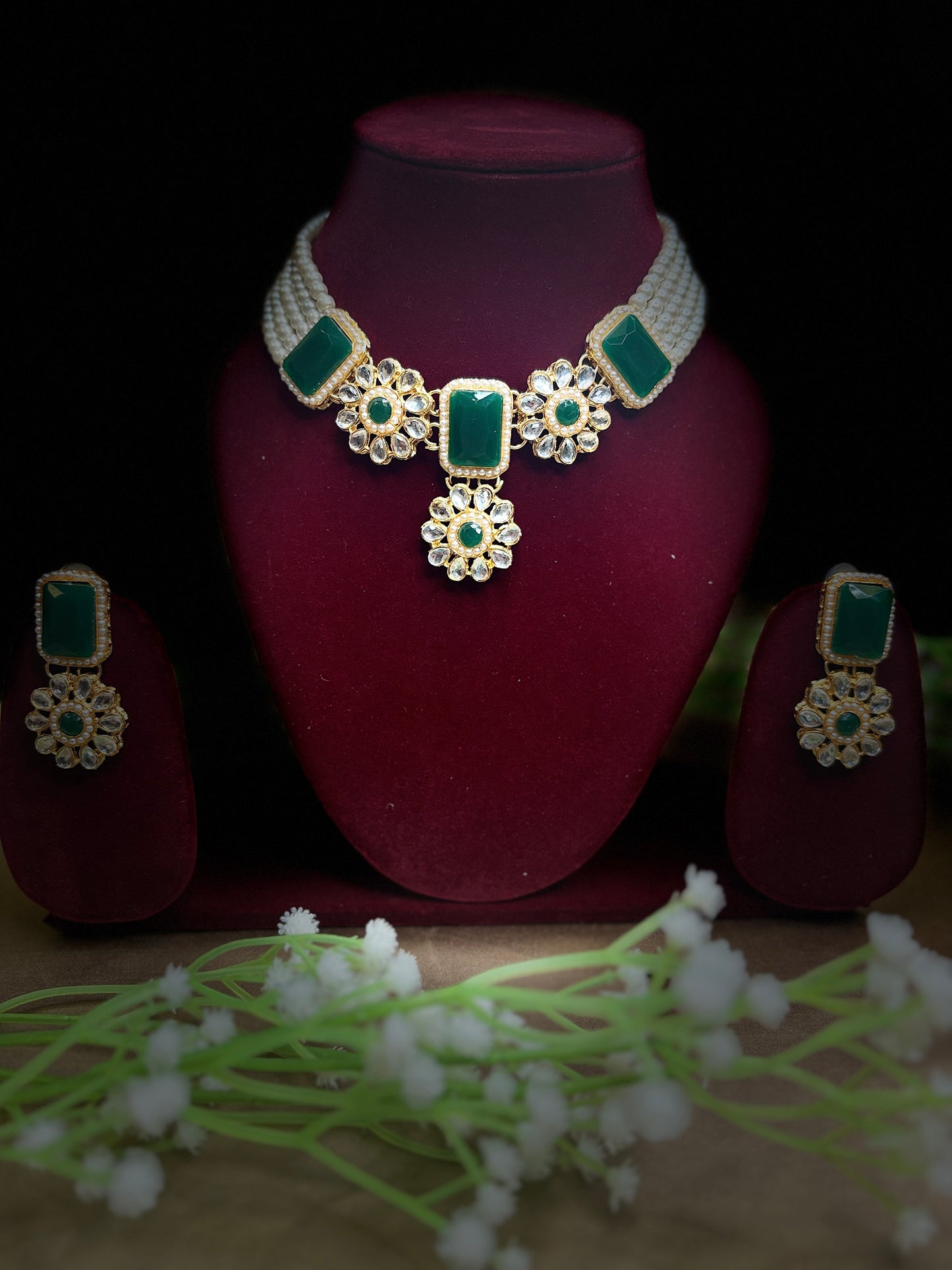 Green Kundan Pearl Necklace Set with Earrings