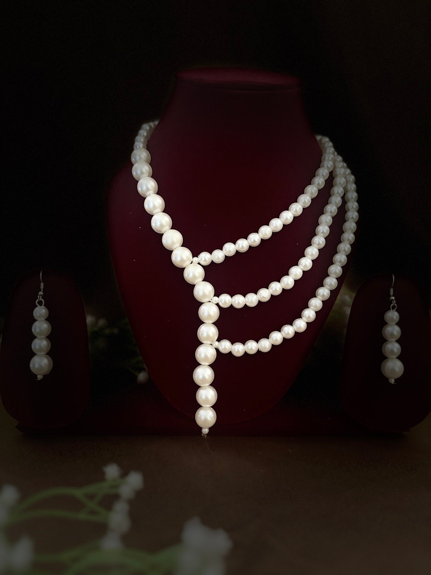 Layered Pearl Necklace Set with Statement Earrings