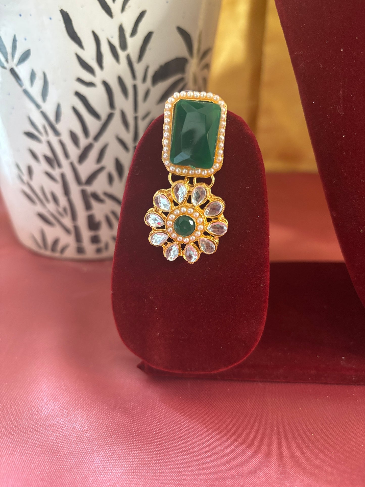 Green Kundan Pearl Necklace Set with Earrings