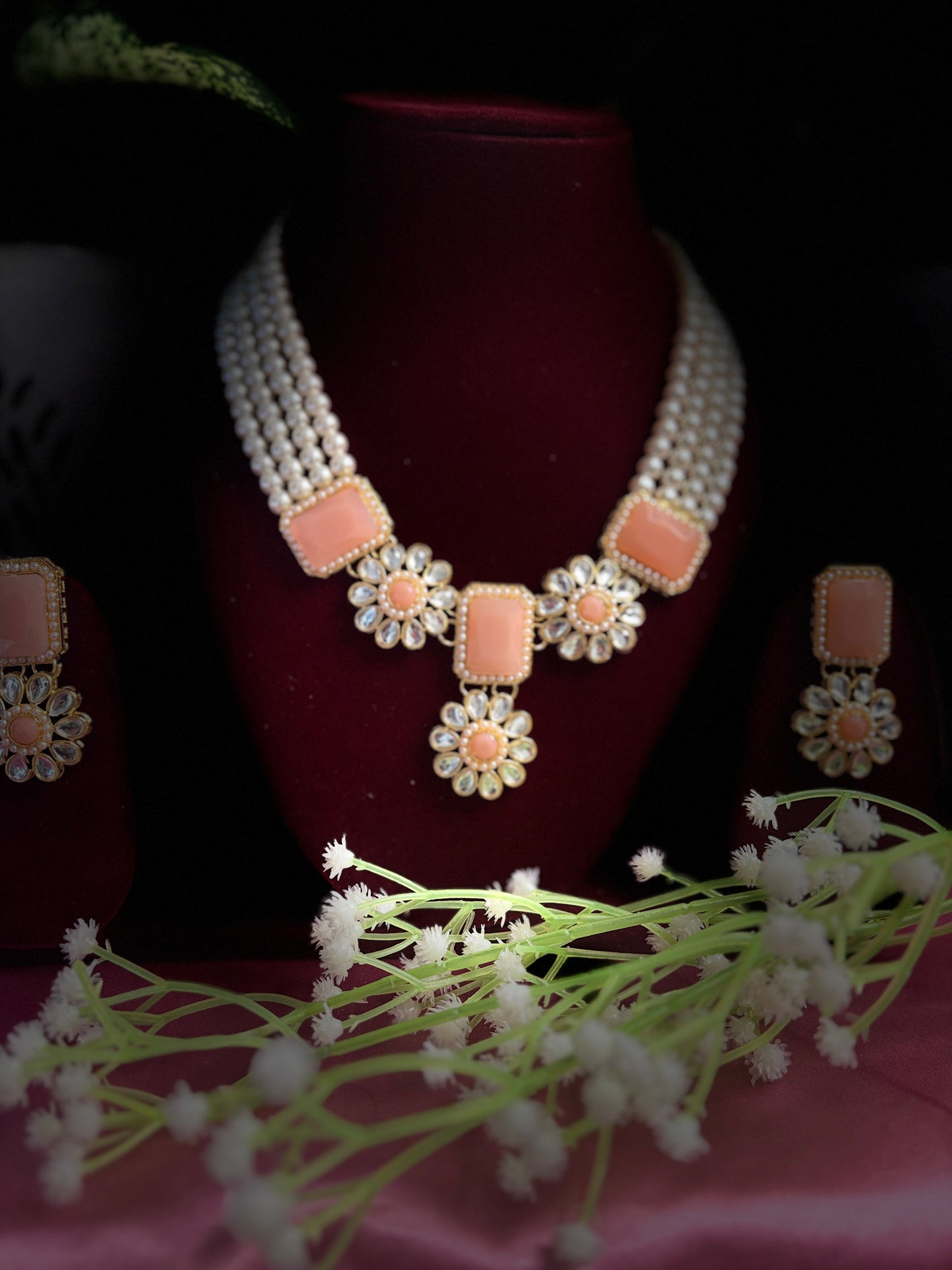 Peach Kundan Pearl Necklace Set with Earrings