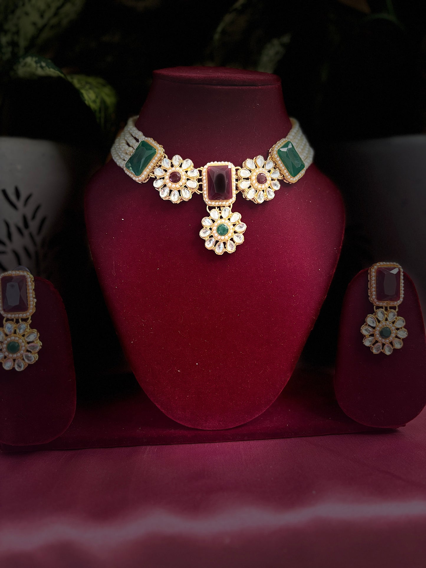 Red & Green Kundan Pearl Necklace Set with Earrings