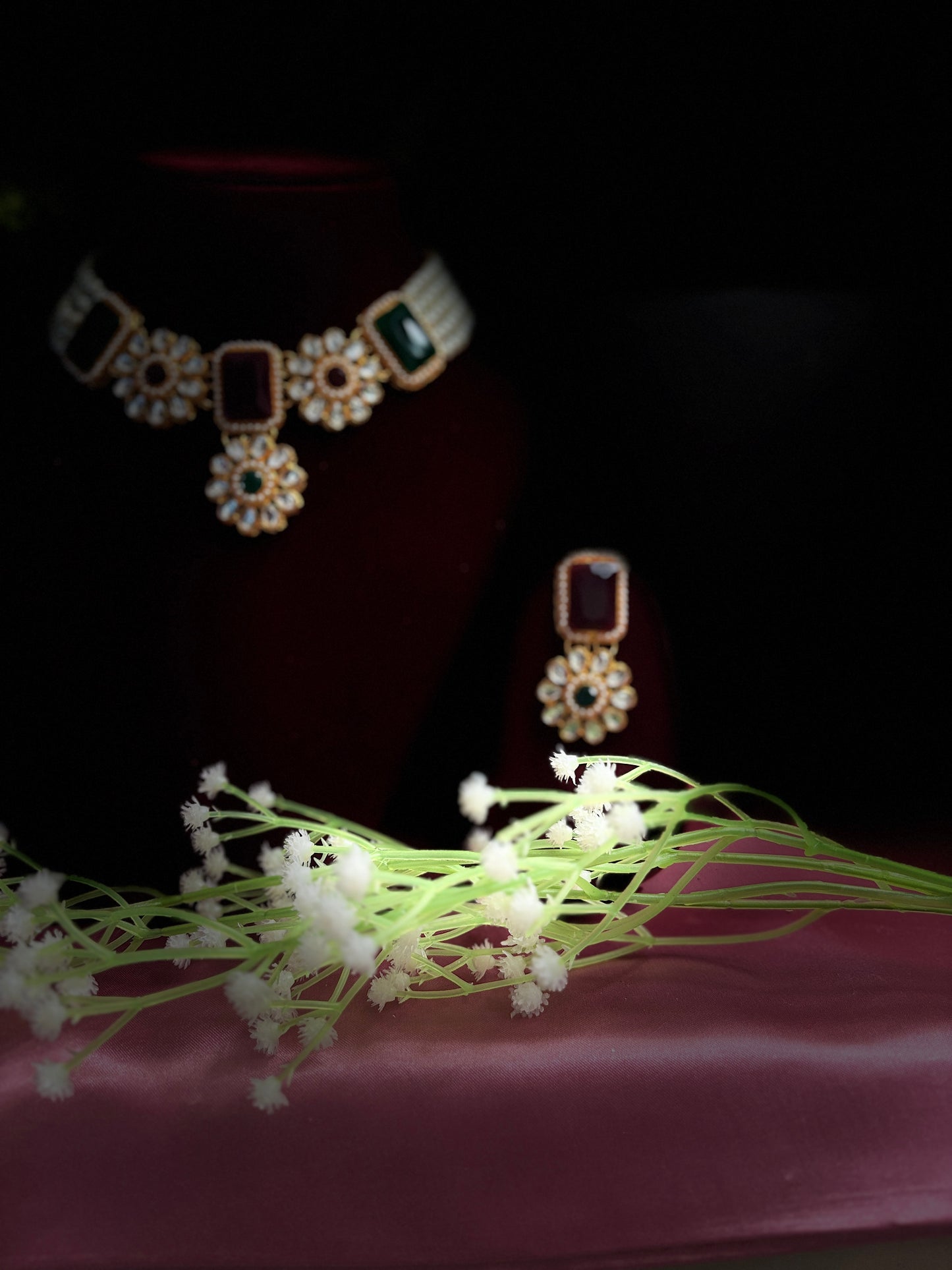 Red & Green Kundan Pearl Necklace Set with Earrings