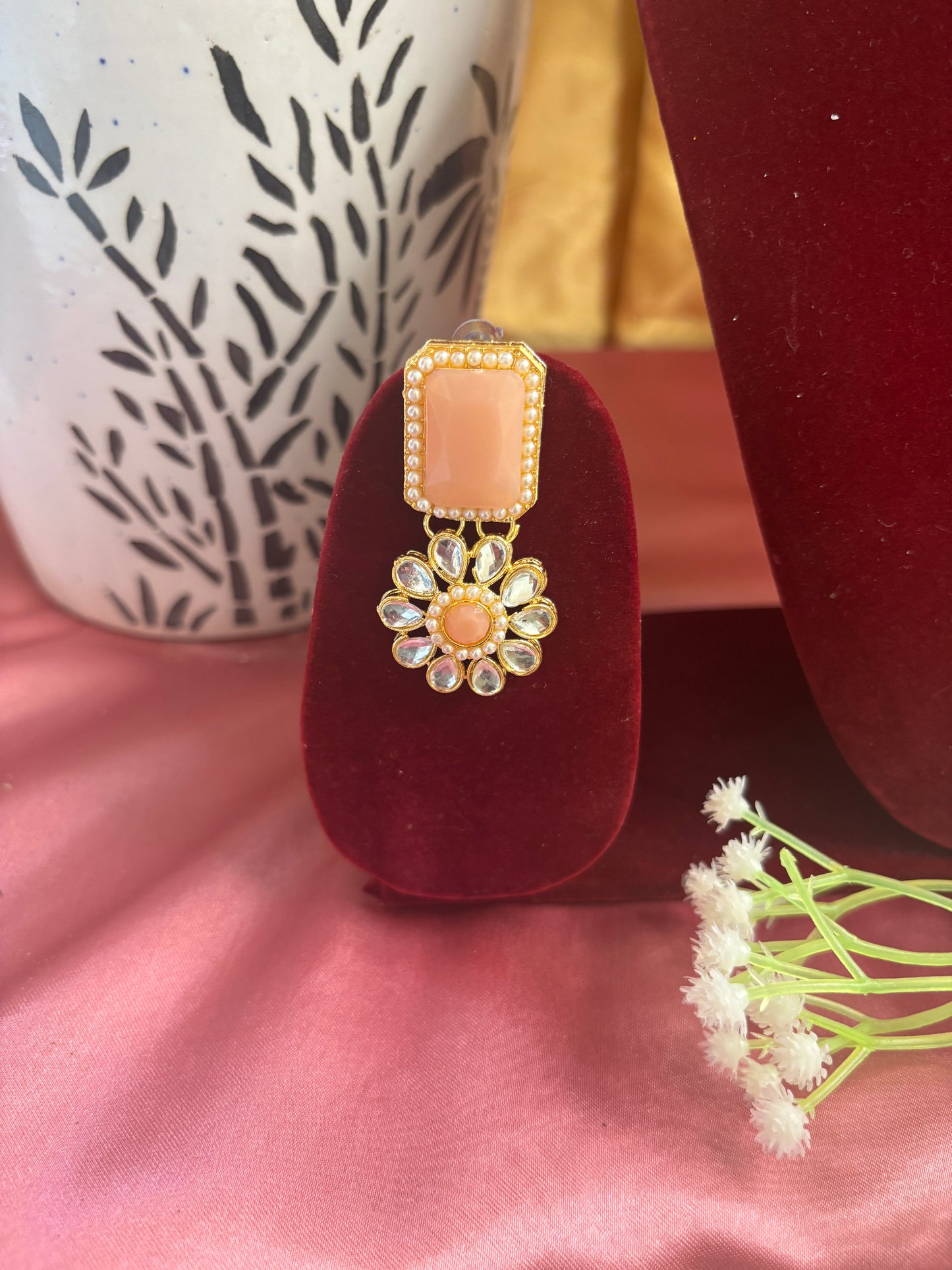 Peach Kundan Pearl Necklace Set with Earrings