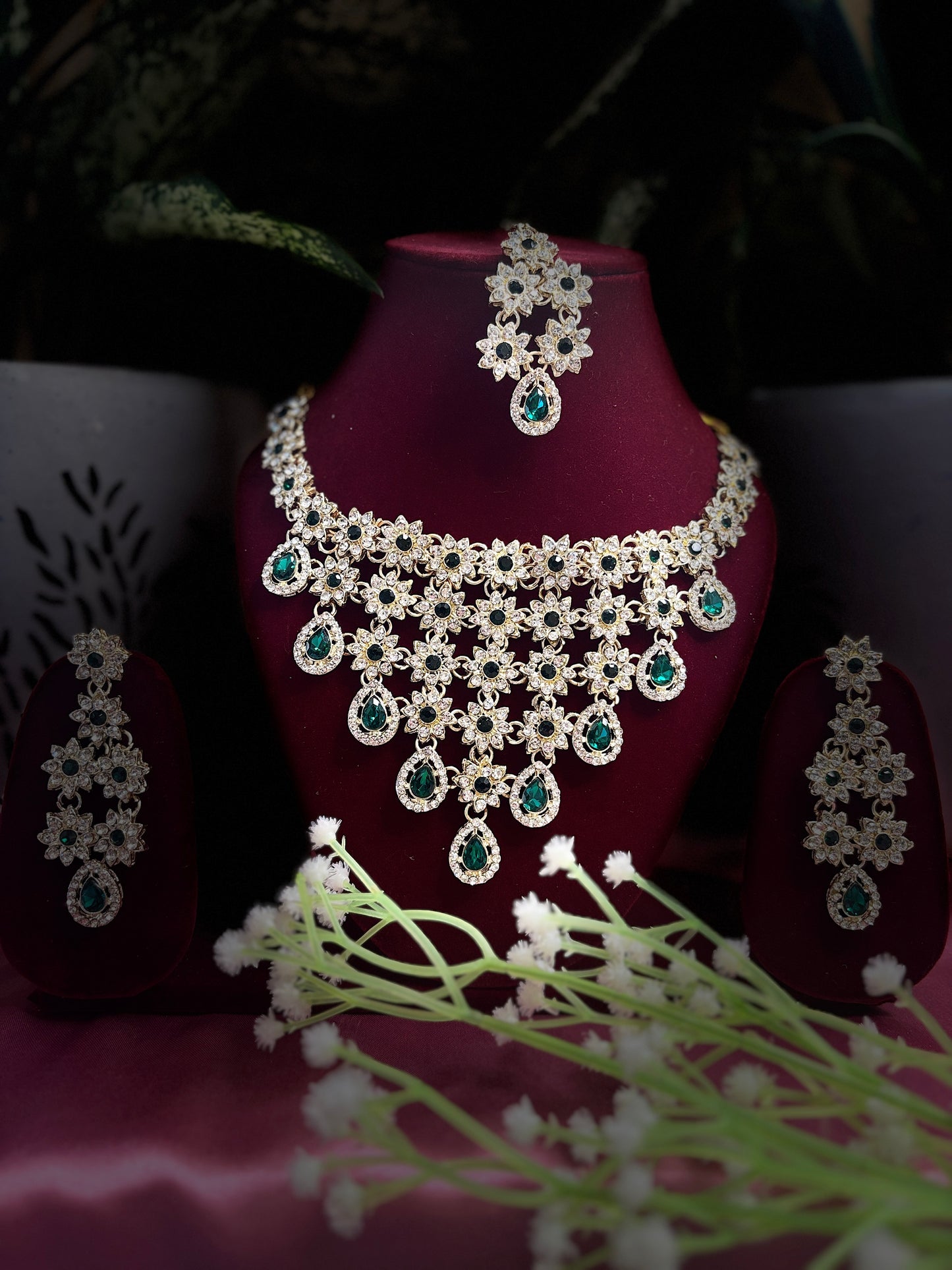 Elegant Green Stone Floral Necklace Set with Maang Tikka & Earrings