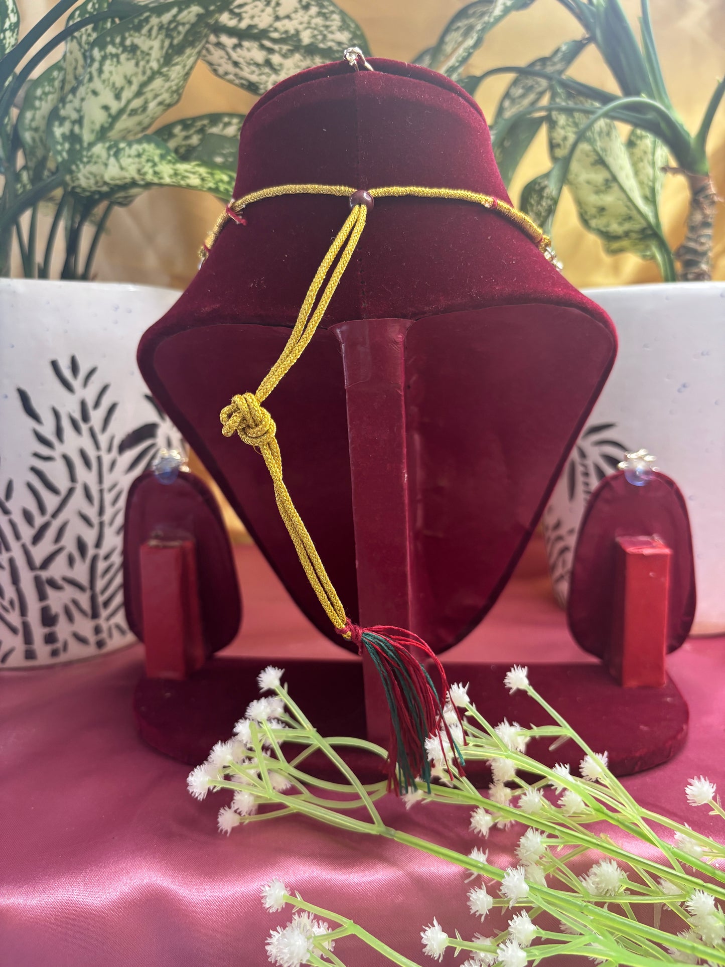 Red Stone Floral Necklace Set with Matching Earrings and Maang Tikka