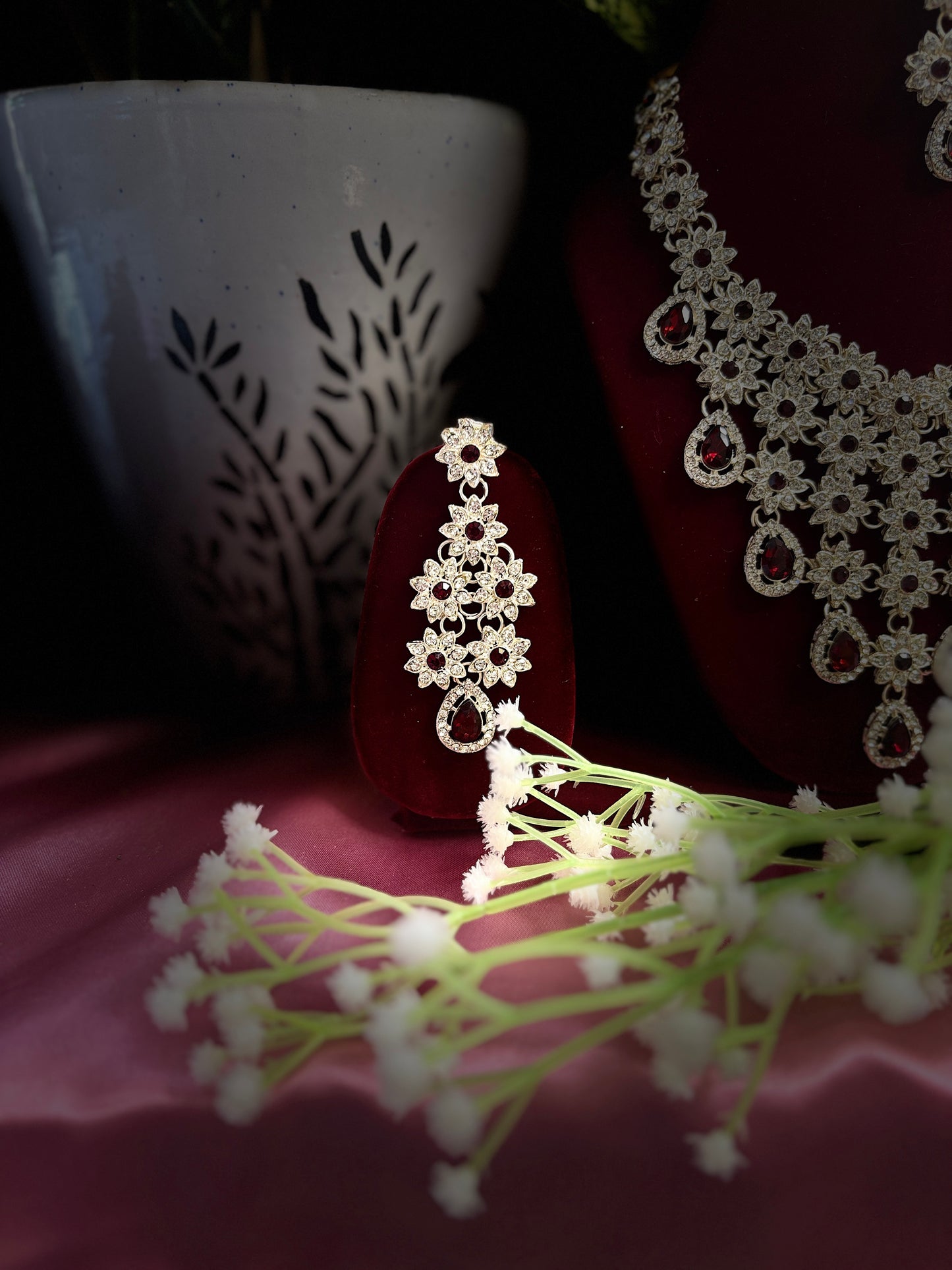 Red Stone Floral Necklace Set with Matching Earrings and Maang Tikka