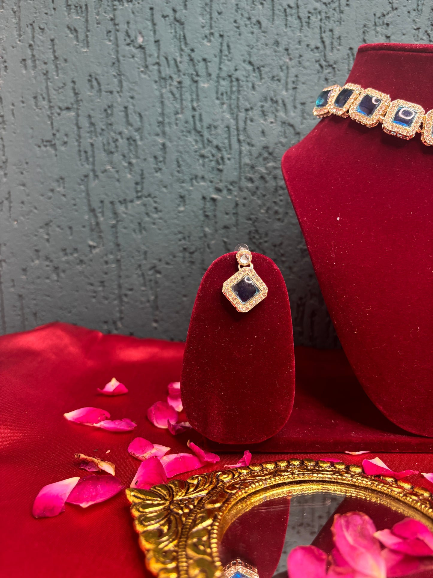 Blue Square Stone Necklace Set with Earrings | Elegant Festive Jewellery