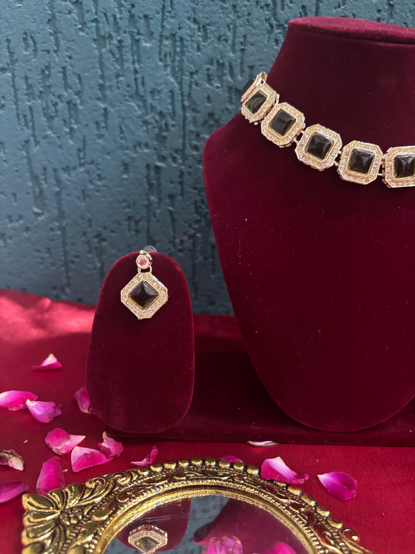 Mehndi Green Square Stone Necklace Set with Earrings | Elegant Festive Jewellery