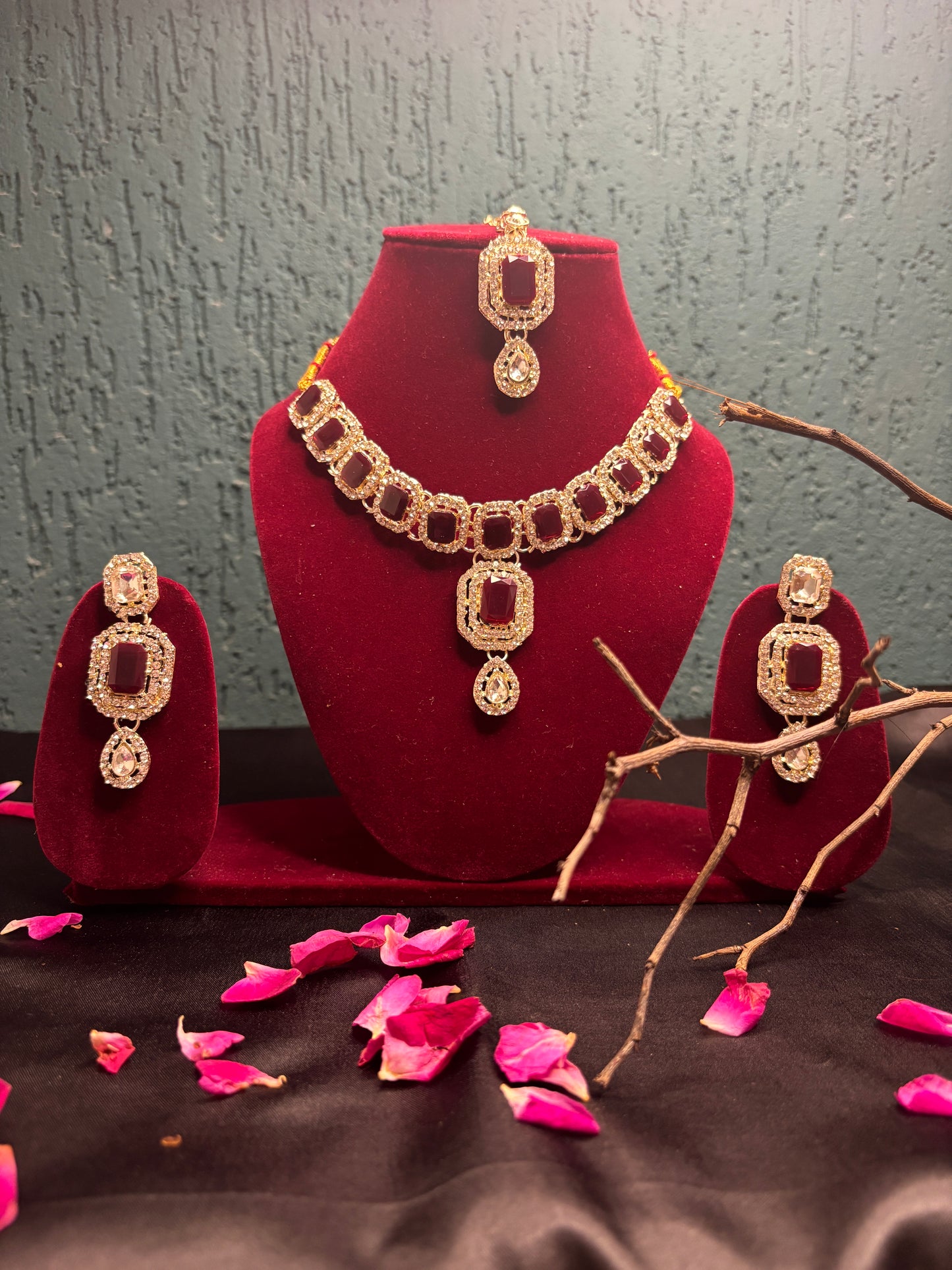 Red Stone Necklace Set with Earrings | Elegant Jewellery