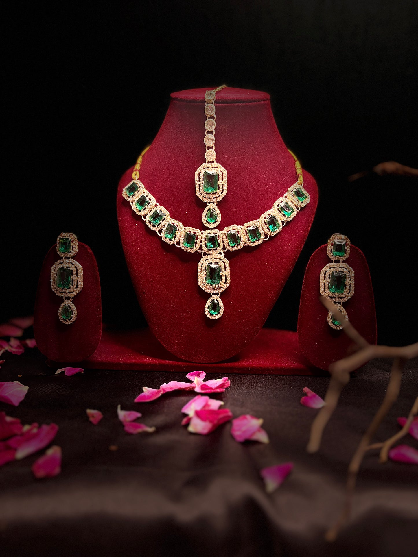 Green Stone Necklace Set with Earrings | Elegant Jewellery