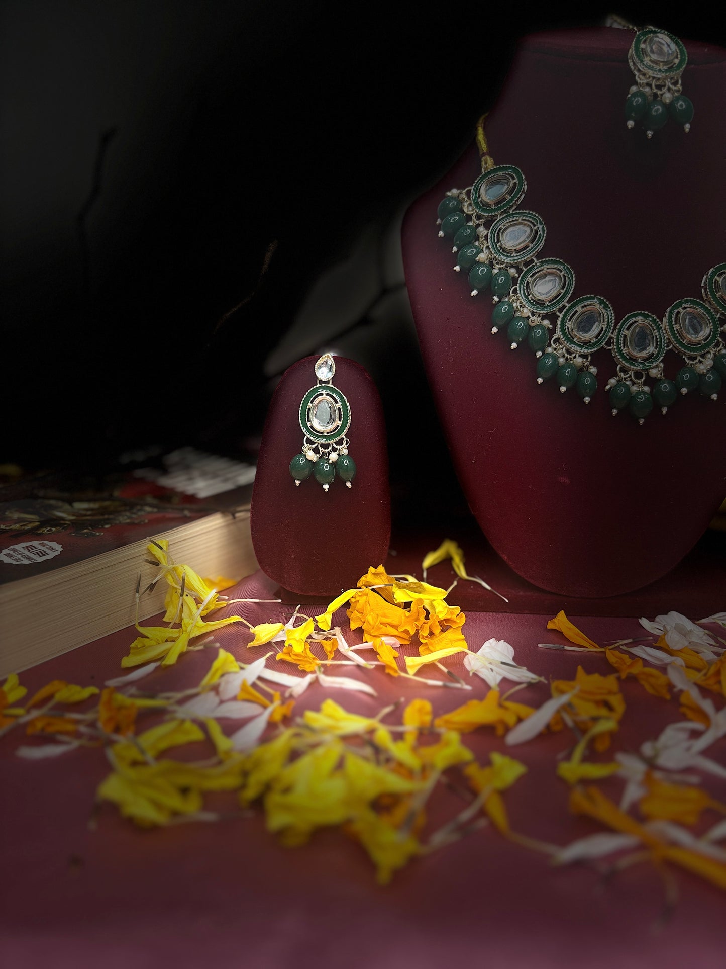 Green Monalisa Drop Kundan Necklace Set with Earrings & Maang Tikka | Festive Jewellery