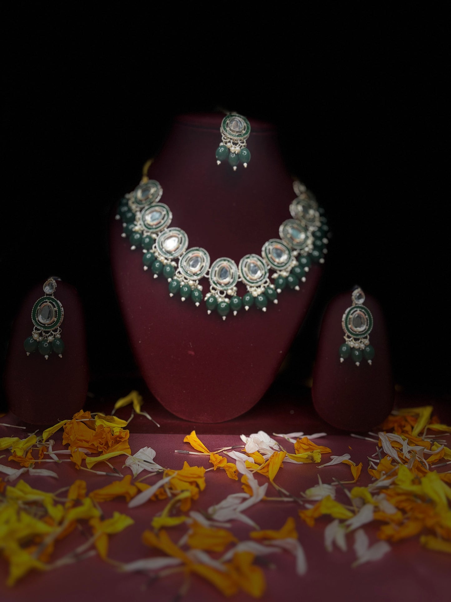 Green Monalisa Drop Kundan Necklace Set with Earrings & Maang Tikka | Festive Jewellery