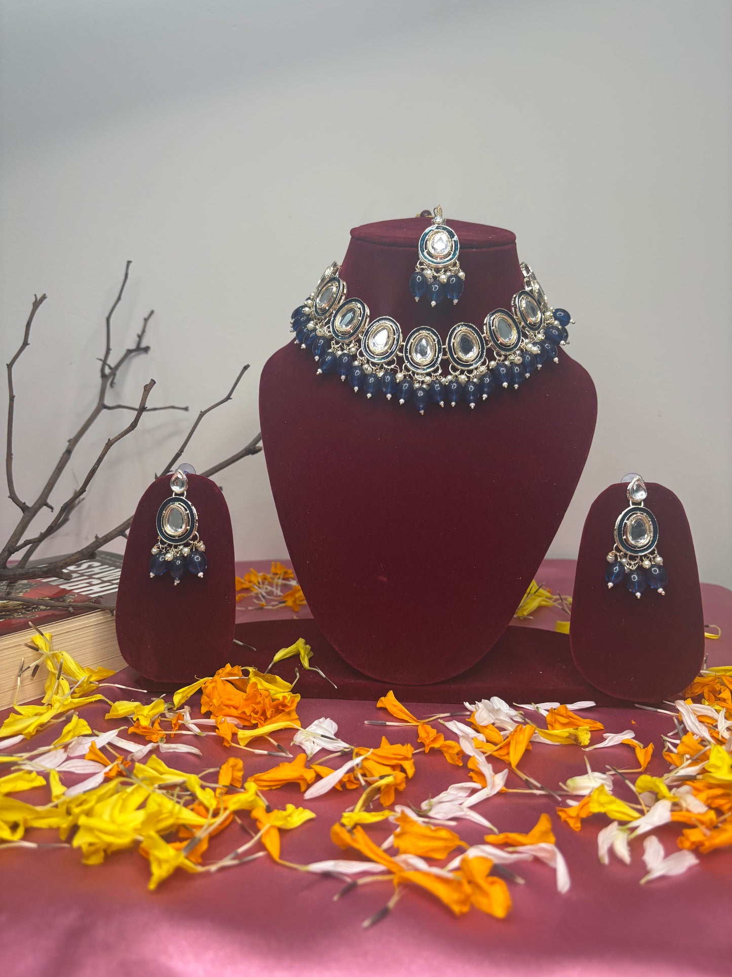 Blue Monalisa Drop Kundan Necklace Set with Earrings & Maang Tikka | Elegant Party Jewellery