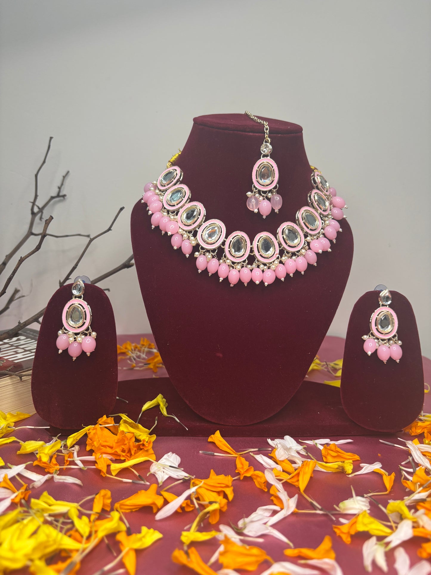 Pink Monalisa Drop Kundan Necklace Set with Earrings & Maang Tikka | Festive Jewellery