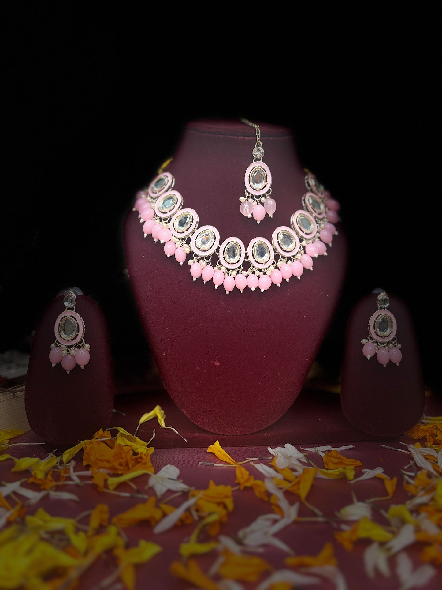 Pink Monalisa Drop Kundan Necklace Set with Earrings & Maang Tikka | Festive Jewellery