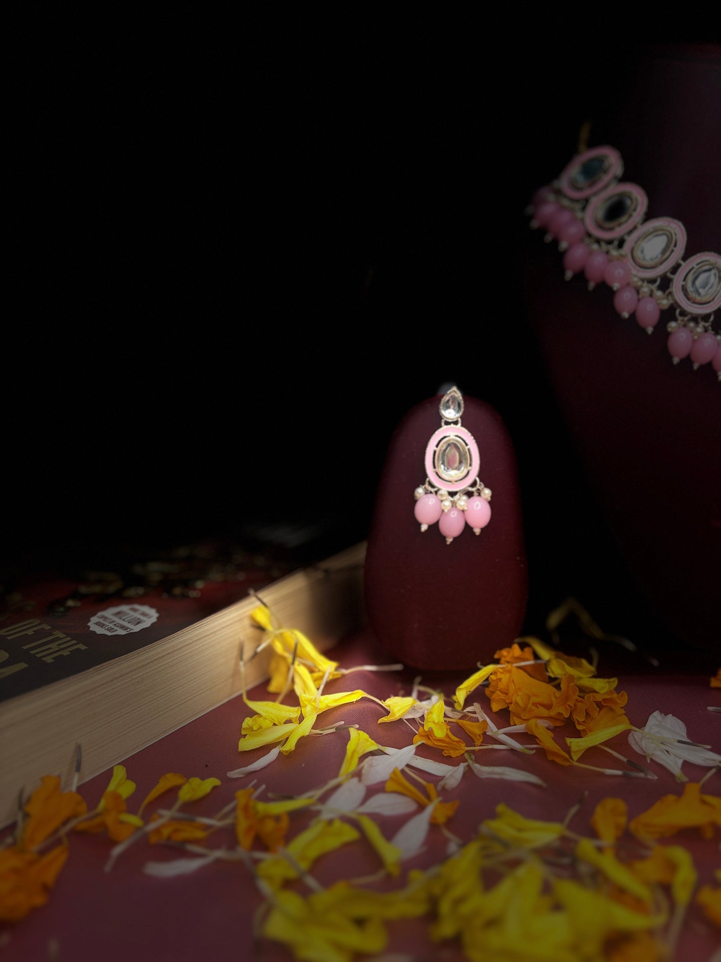 Pink Monalisa Drop Kundan Necklace Set with Earrings & Maang Tikka | Festive Jewellery