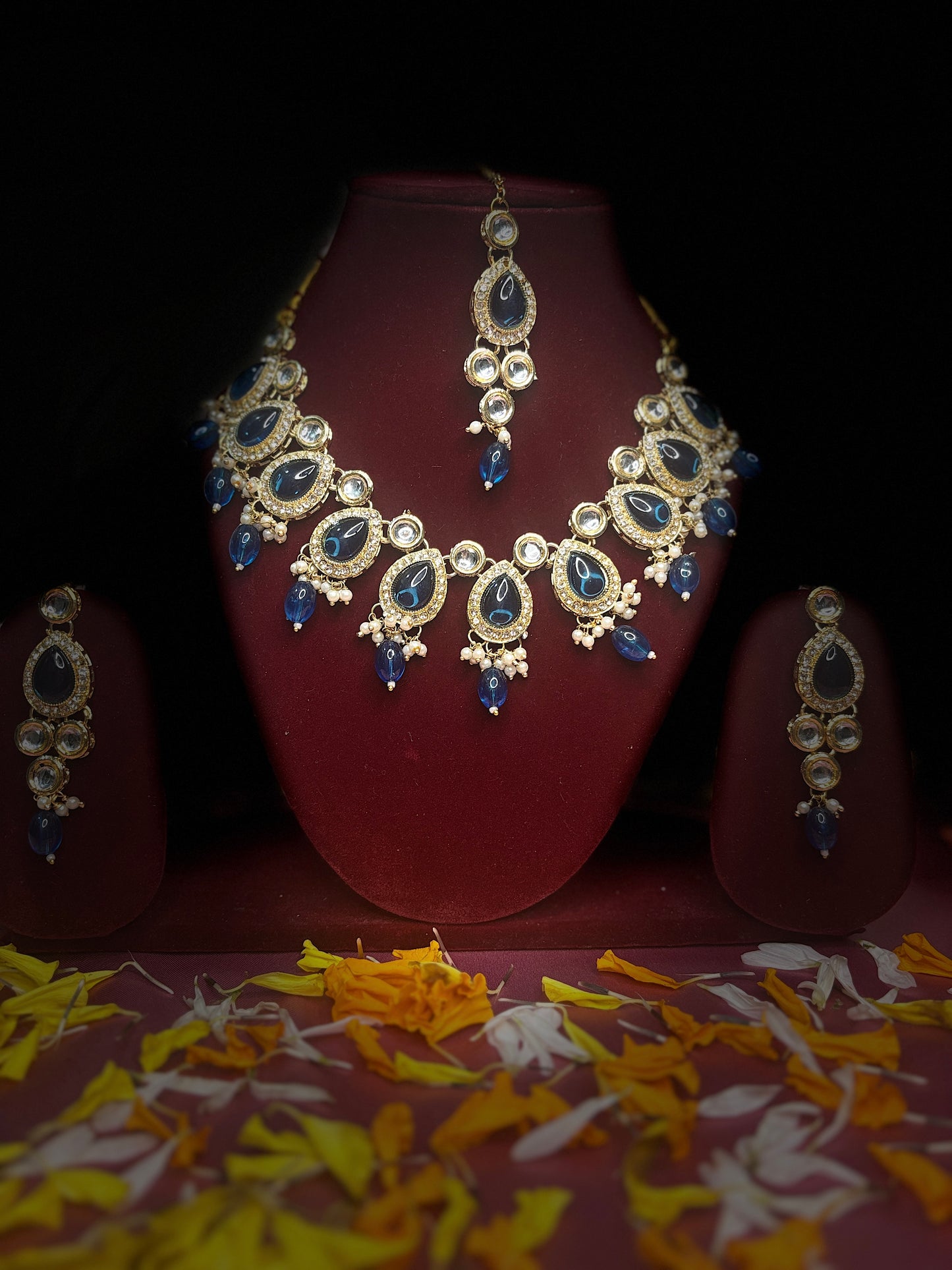 Kundan with Blue Monalisa Drop Jewellery Set | Necklace, Earrings & Maang Tikka