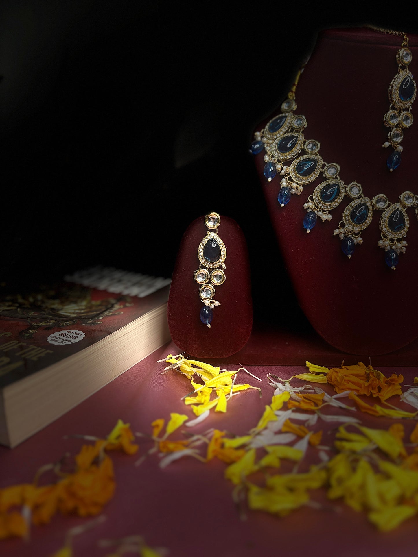 Kundan with Blue Monalisa Drop Jewellery Set | Necklace, Earrings & Maang Tikka