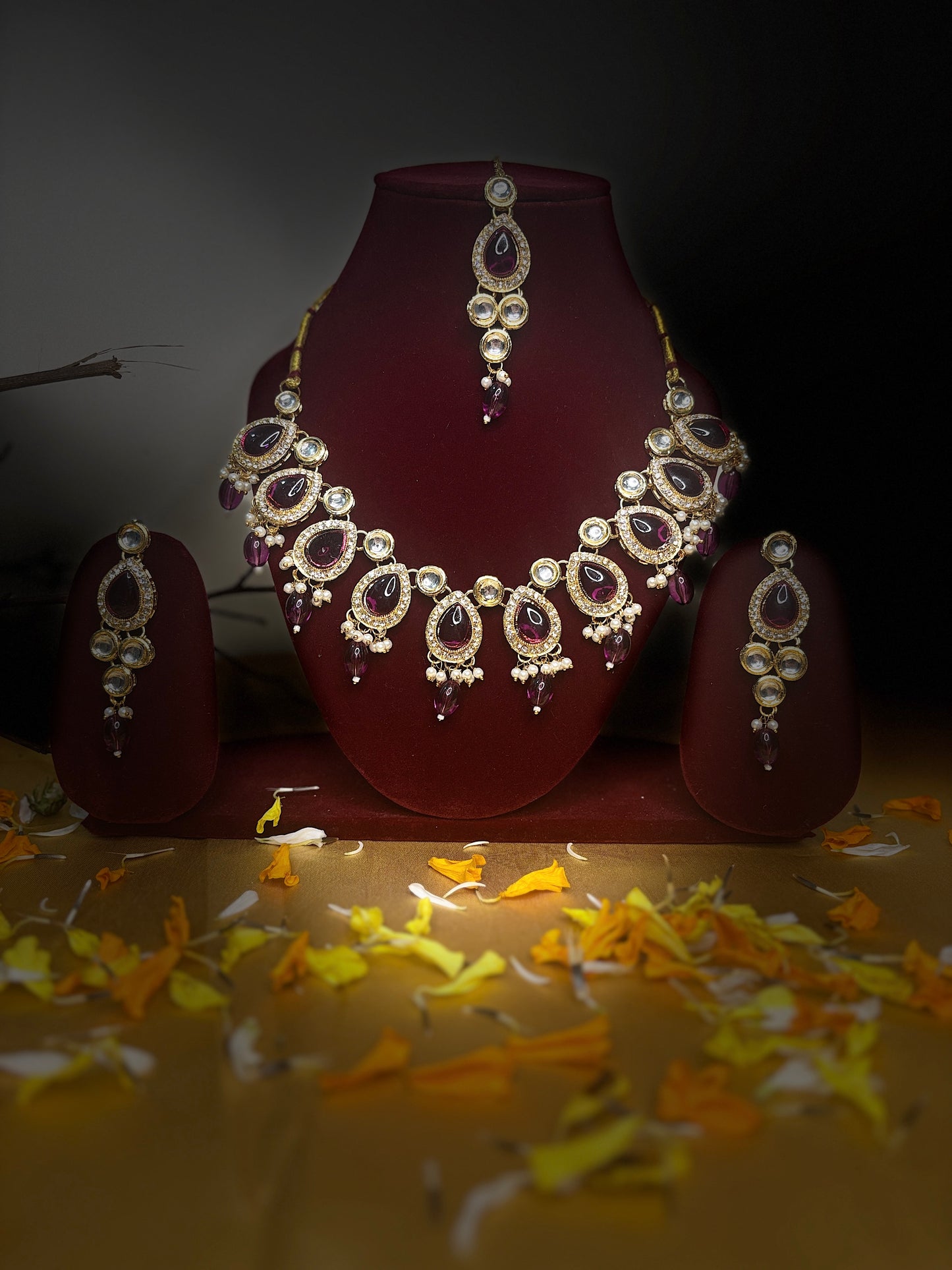 Kundan with Dark Pink Monalisa Drop Jewellery Set | Necklace, Earrings & Maang Tikka