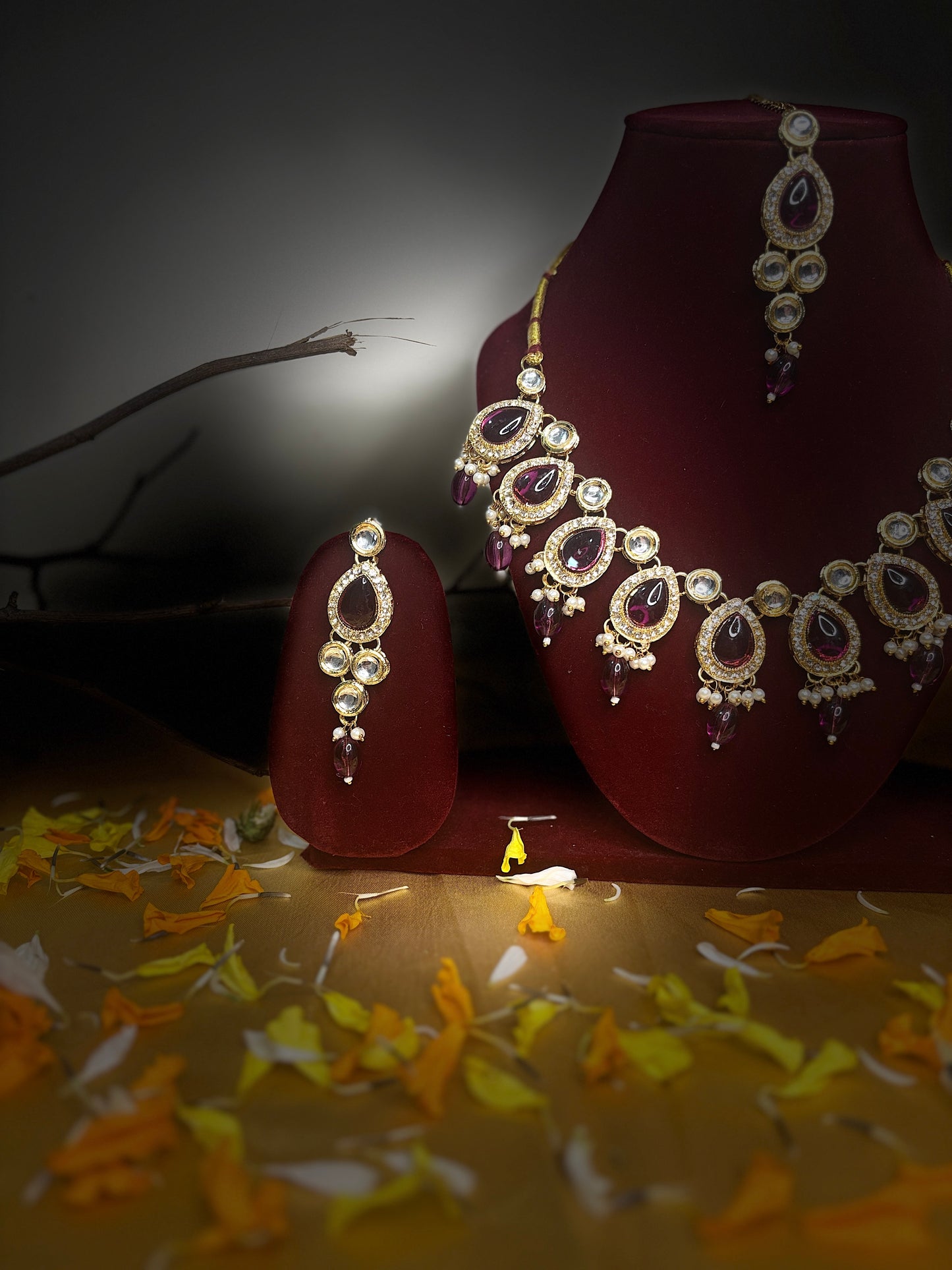 Kundan with Dark Pink Monalisa Drop Jewellery Set | Necklace, Earrings & Maang Tikka
