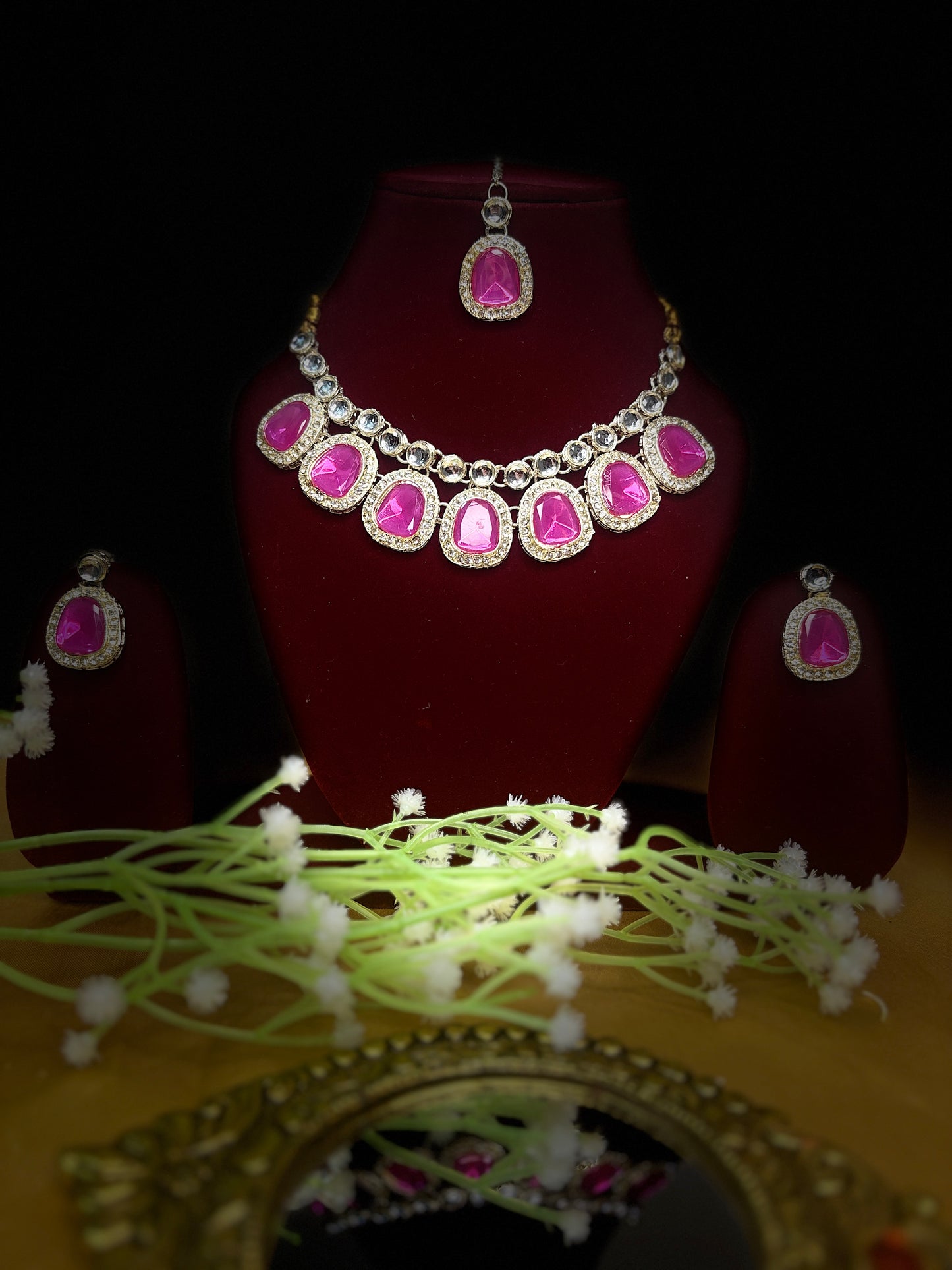 Pink Stone Necklace Set with Earrings | Elegant Traditional Jewellery