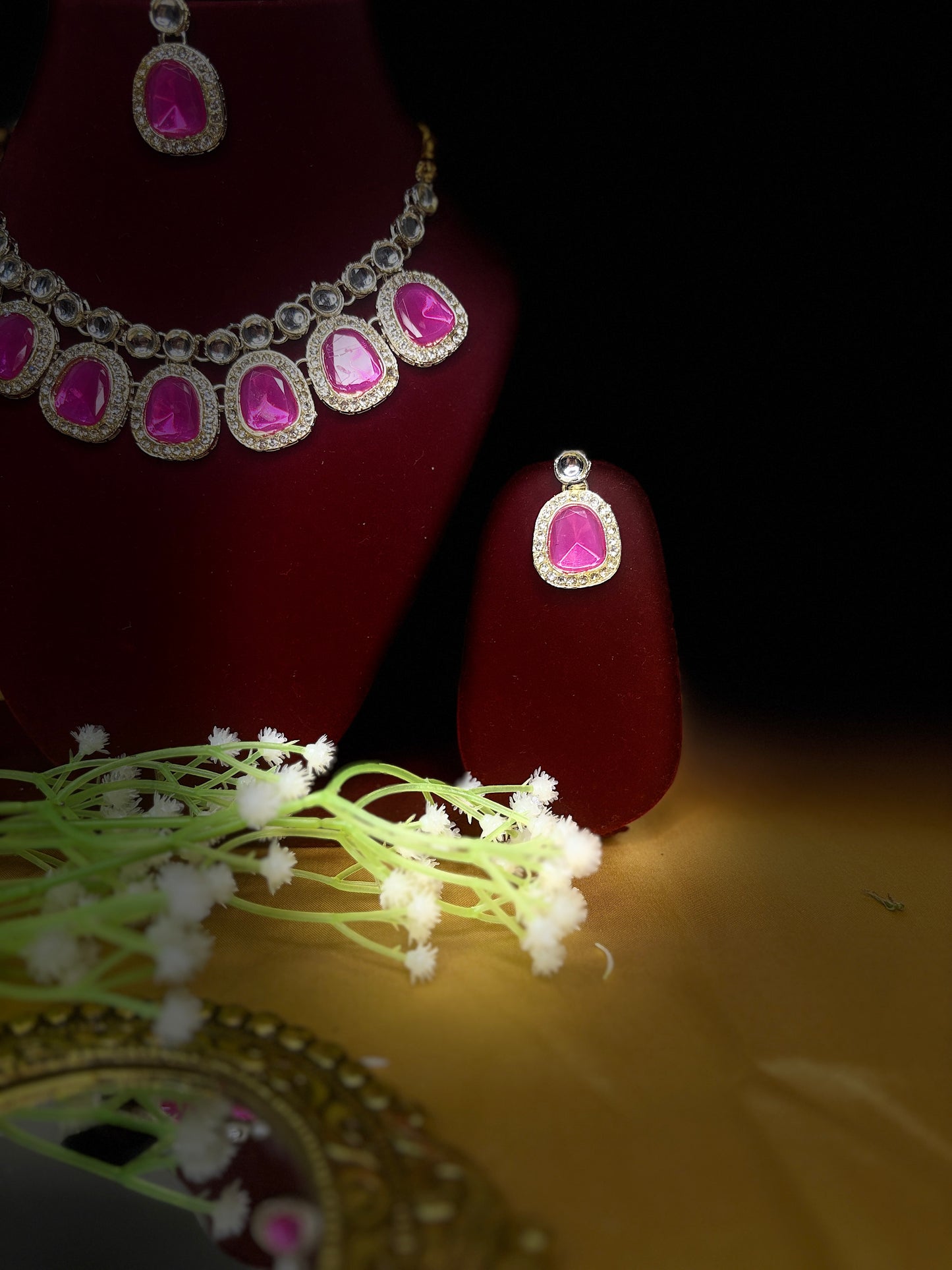 Pink Stone Necklace Set with Earrings | Elegant Traditional Jewellery