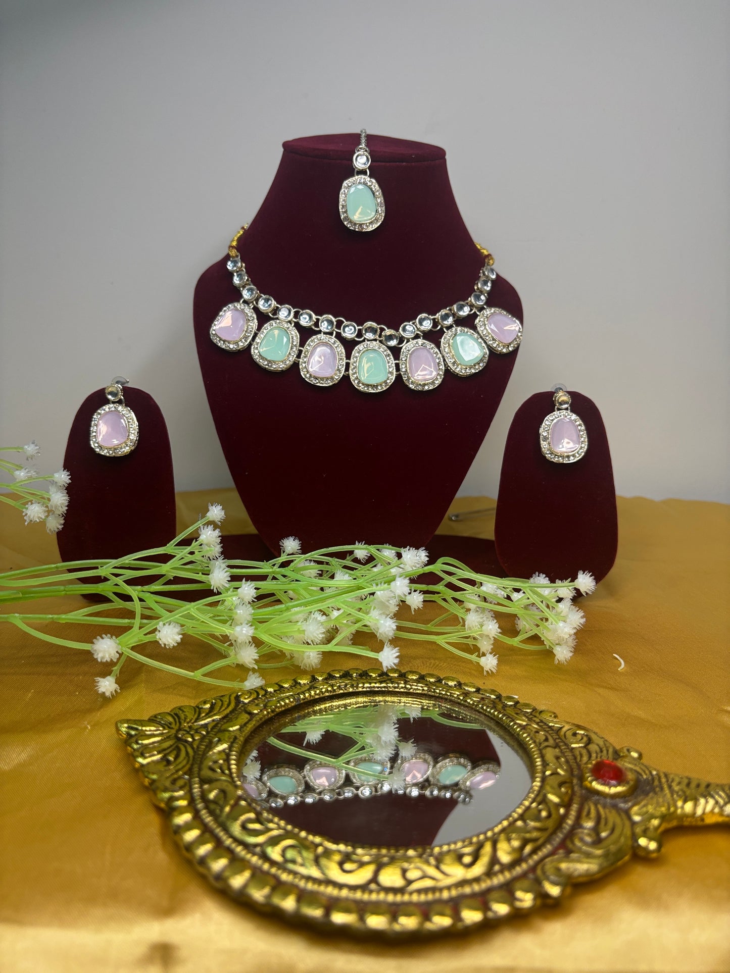 Pastel Green & Pink Stone Necklace Set with Earrings | Elegant Festive Jewellery