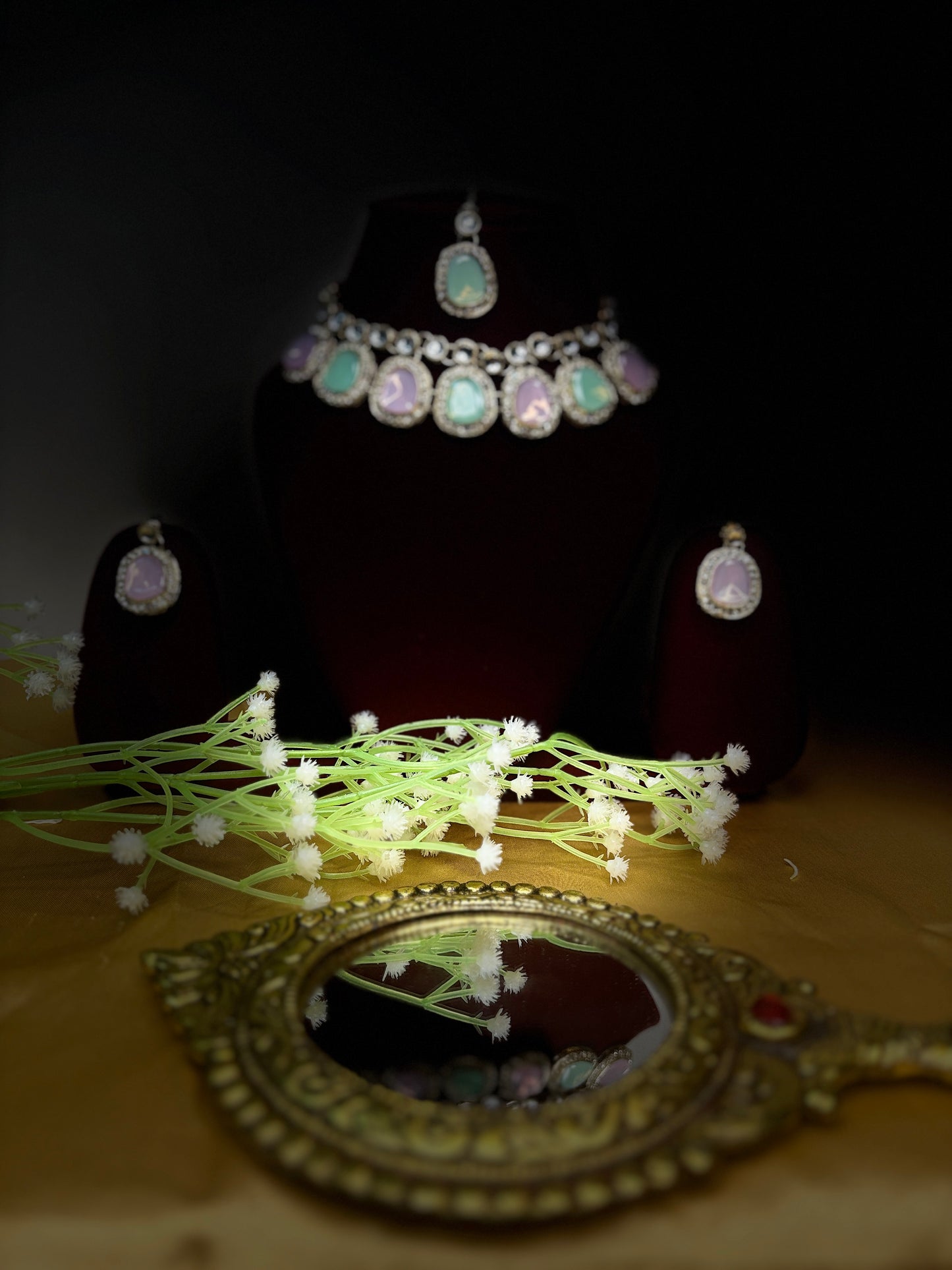 Pastel Green & Pink Stone Necklace Set with Earrings | Elegant Festive Jewellery